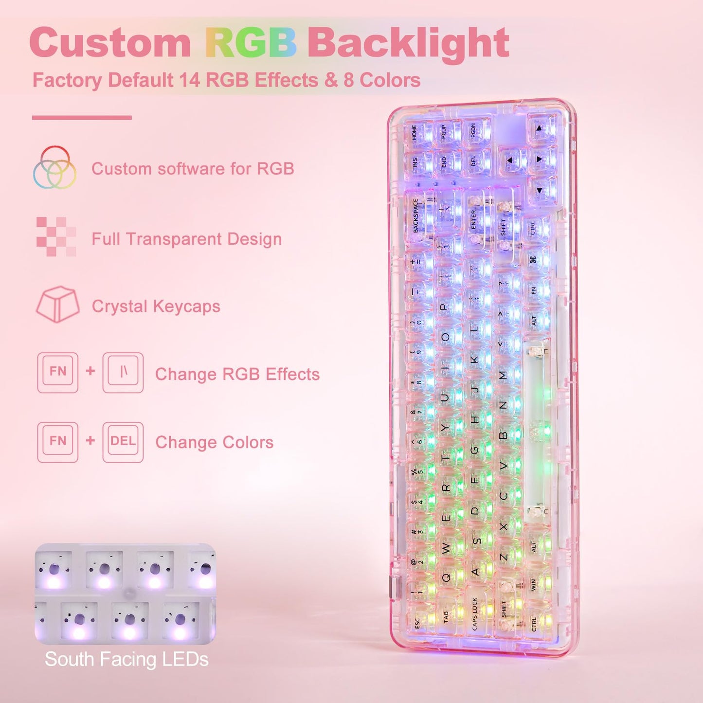 YUNZII X71 Wireless Hot Swappable Transparent Mechanical Keyboard with Clear Keycaps, 68% Layout, BT5.0/2.4G/USB-C Gasket Mount Wireless RGB Backlit for Windows/Mac(Crystal Ice Switch,Pink)