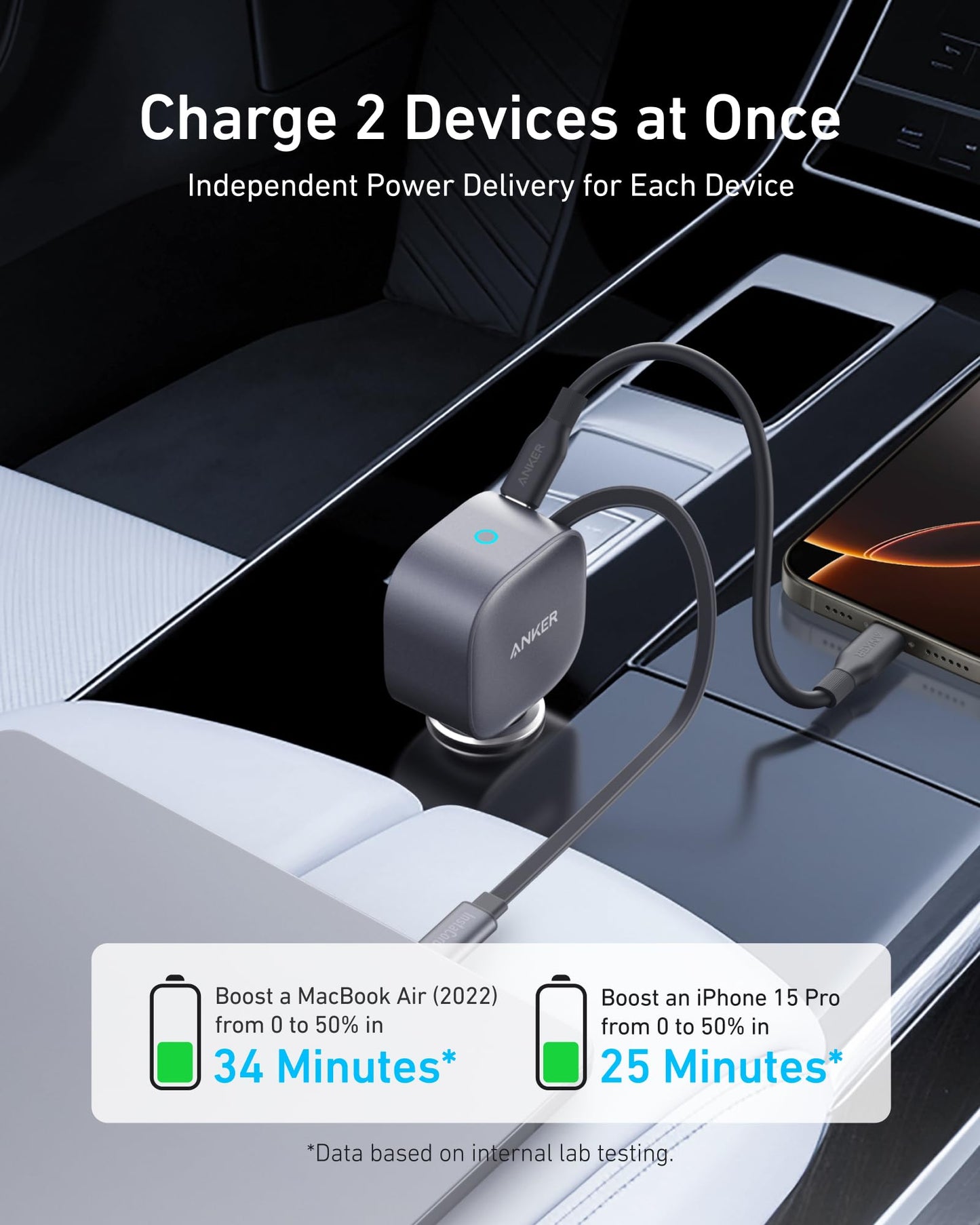 Anker USB-C Car Charger, 75W Max, Ultra-Compact, Type-C Fast Charger with Built-in Retractable USB-C Cable, Car Adapter for iPhone 16/15 Series, MacBook Pro/Air, iPad, Galaxy, AirPods, and More