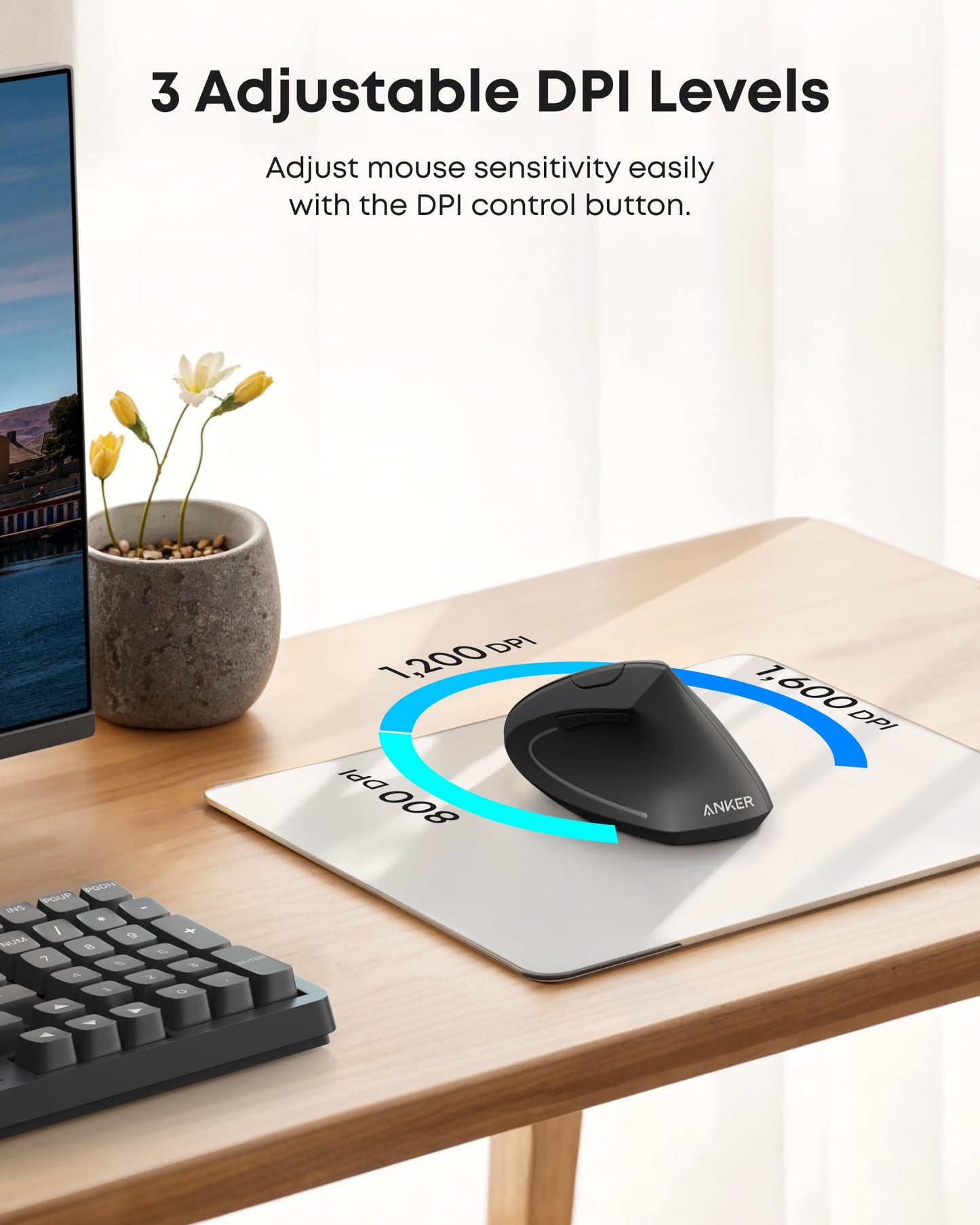 Anker 2.4G Wireless Vertical Ergonomic Optical Mouse For Work, Multi-Device Connectivity, 800 / 1200 /1600 DPI, 5 Buttons for Laptop, Desktop, PC - Black