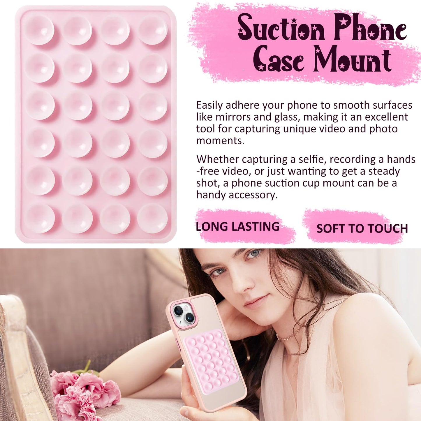 LvShuLiangPin Silicone Suction Phone Case Mount, Silicon Adhesive Phone Accessory for Smartphones, Hands-Free Mirror Shower Phone Holder for Selfies, Tiktok Videos (Light Pink)