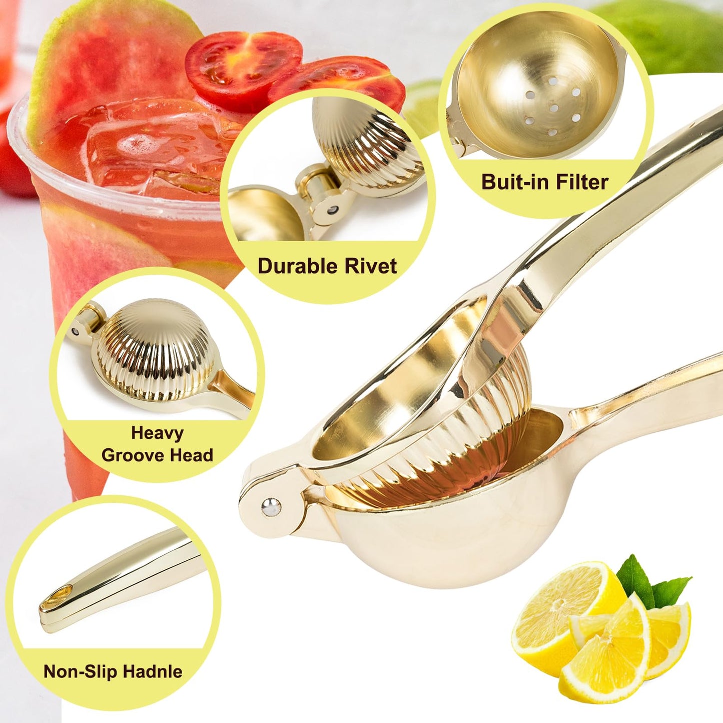 Lemon Squeezer, Heavy Duty Zinc Manual Lemon Juicer, High Yield Threaded Groove Small Oranges Limes Citrus Juicer Hand Press, Juice Maker for Cocktails Home Restaurant Kitchen Utensils(Gold)