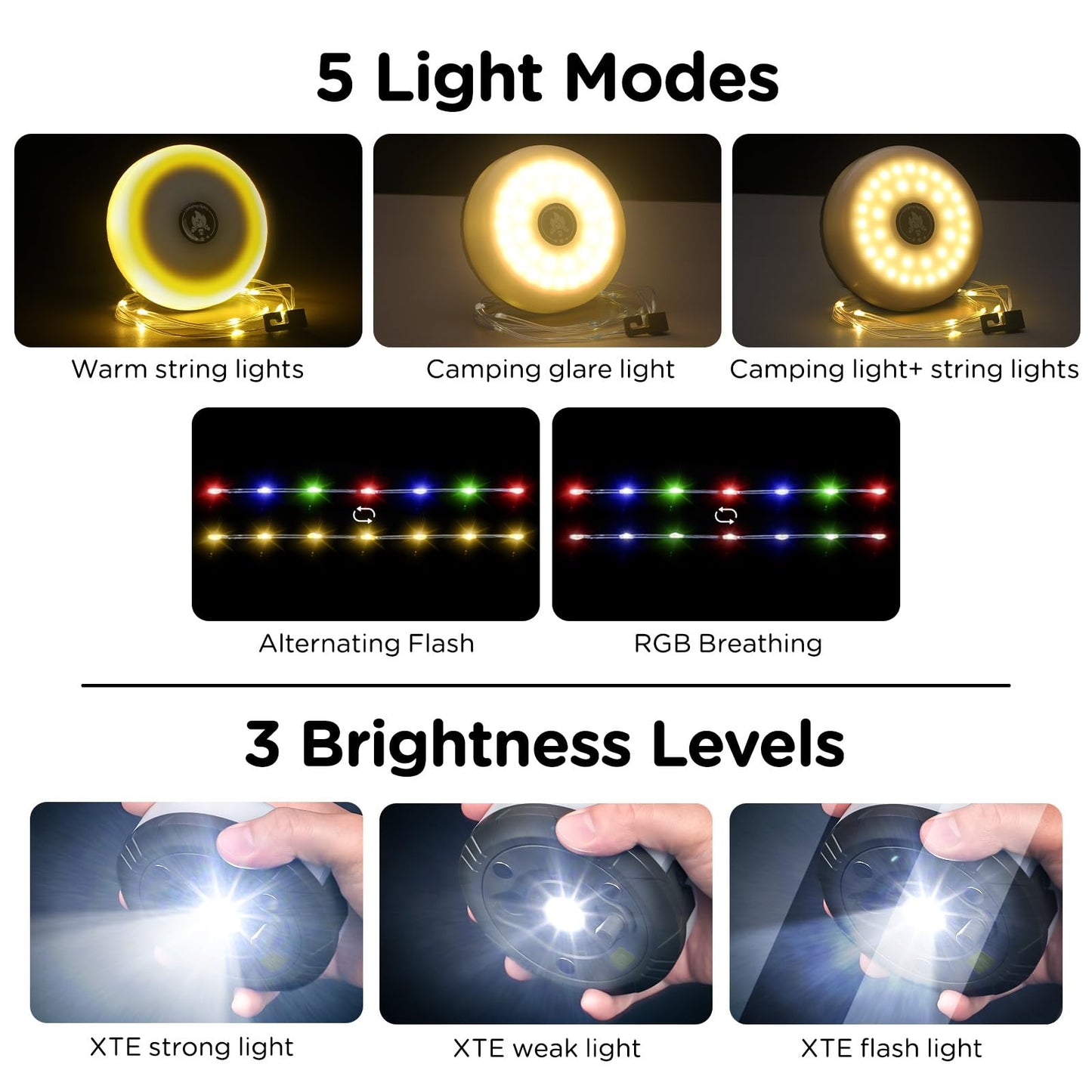 OGERY Camping String Lights, 4 in 1 Quick Storage 32.8FT Rechargeable Tent Lights String with 8 Lighting Modes, Hanging Waterproof Portable LED Lamp for Outdoor Patio Awning Garden Party Essentials