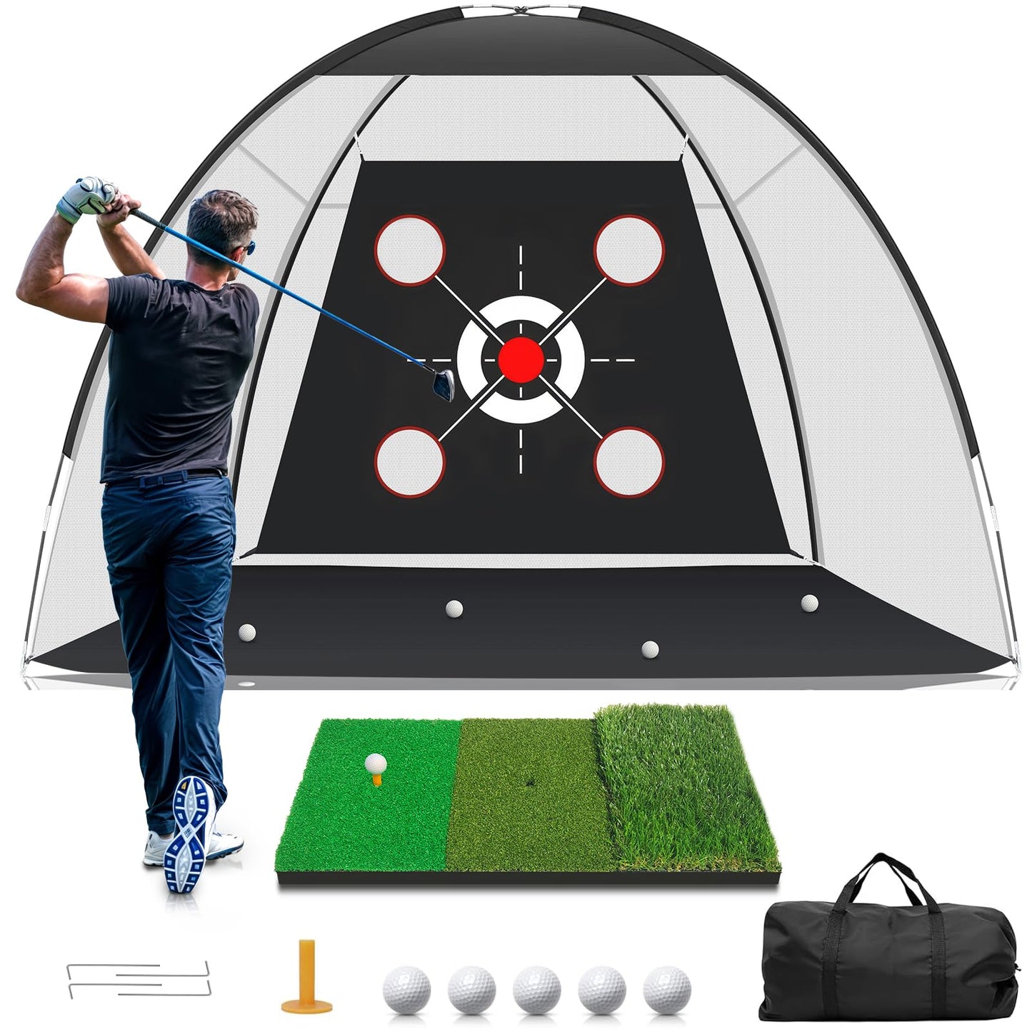KLAODOT Golf Net with Practice Mat,Golf Hitting Aid Nets 10x7FT for Backyard Driving Chipping Training Swing with Target Mat Balls for Outdoor Indoor,Gifts for Men Dad Him and Golfer