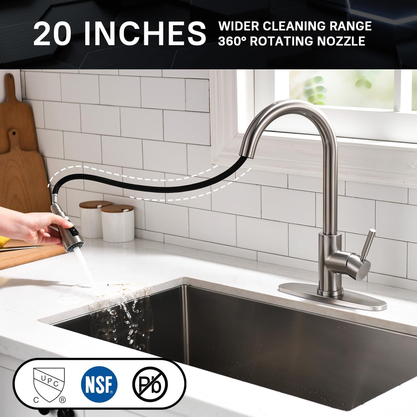 WEWE Single Handle High Arc Brushed Nickel Pull Out Kitchen Faucet,Single Level Stainless Steel Kitchen Sink Faucets with Pull Down Sprayer,Suitable for Laundry Rv Bar