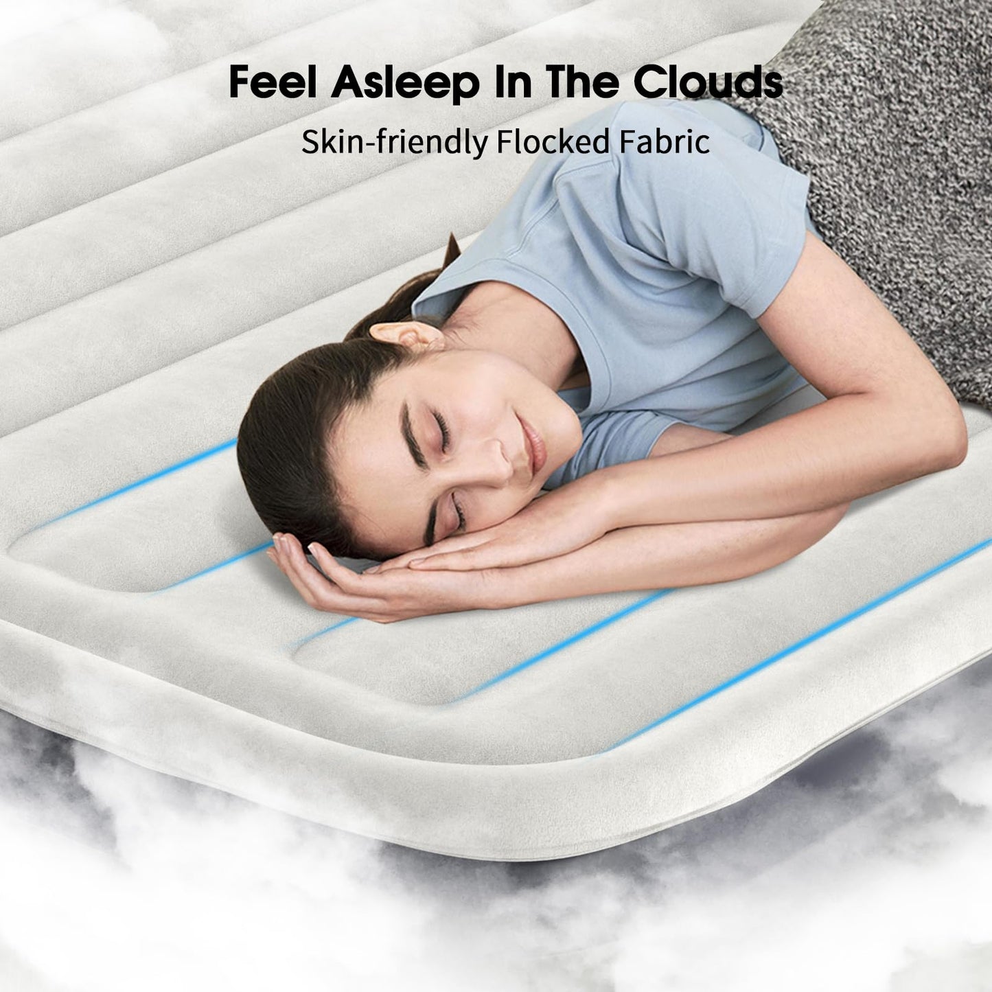 VOSSER Air Mattress Queen with Built in Pump,18'' Inflatable Mattress of Vertical Beams,Self Inflatable/Deflation Blow Up Mattress in 3 Mins,Flocked Top Airbed with Carry Bag for Home, Camping