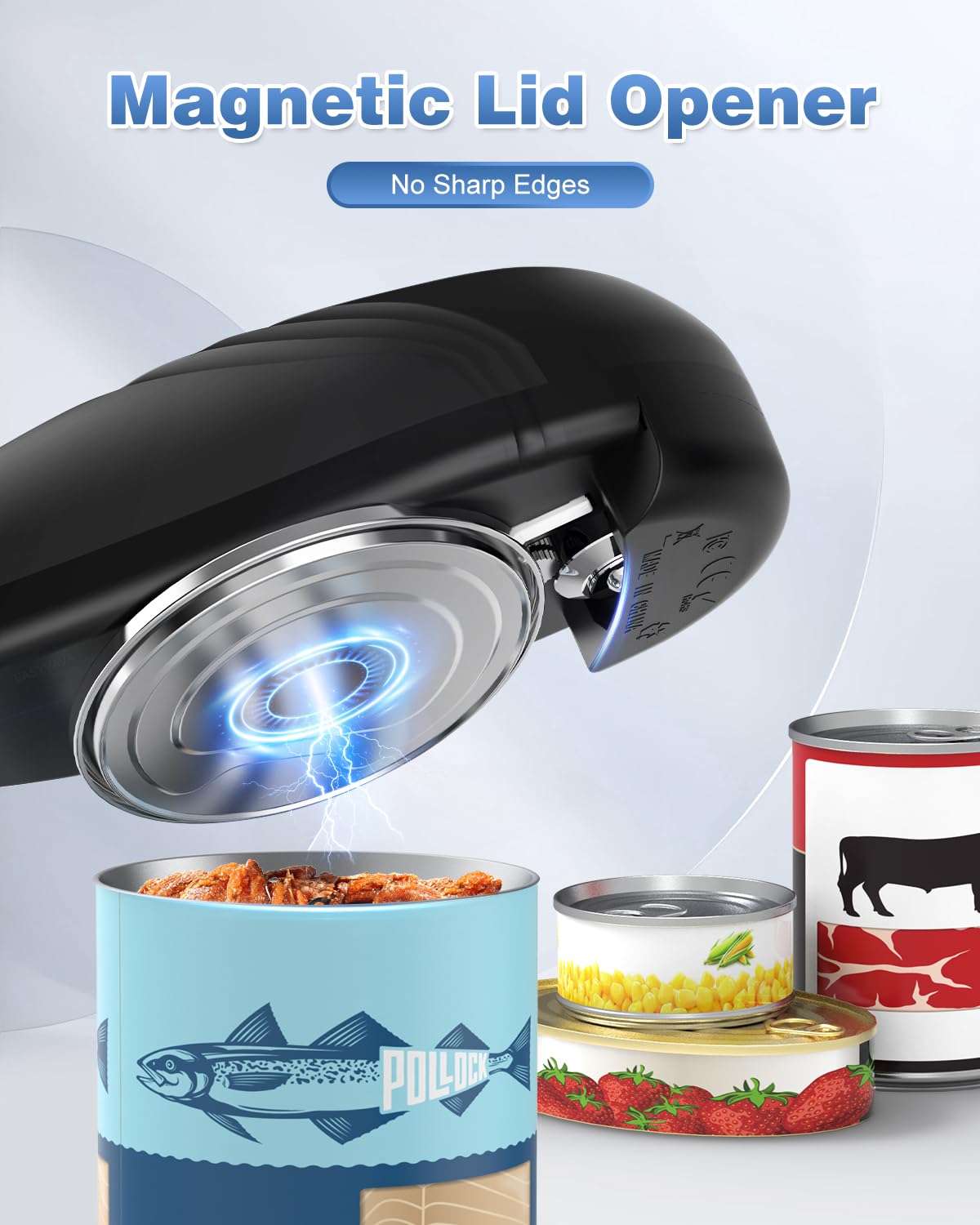 Easyvava Rechargeable Electric Can Opener for Seniors, One-Touch Automatic Can Openers Smooth Edge for Kitchen,with 2000mAh Battery,Handsfree Portable for Any Size Cans (Black)