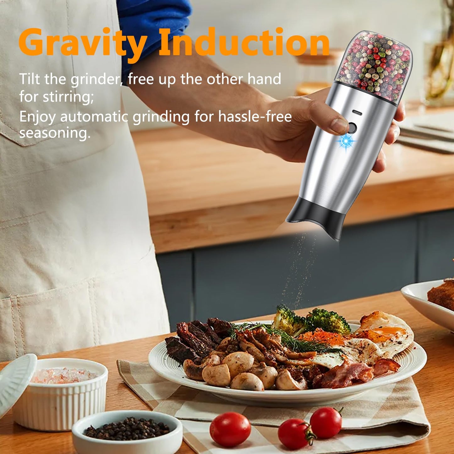 Gravity Electric Salt and Pepper Grinder Set, USB Rechargeable, No Battery Needed, Adjustable Coarseness, Automatic Mill Grinder with Warm LED Light, One Hand Operated for Kitchen, Restaurant, Outdoor