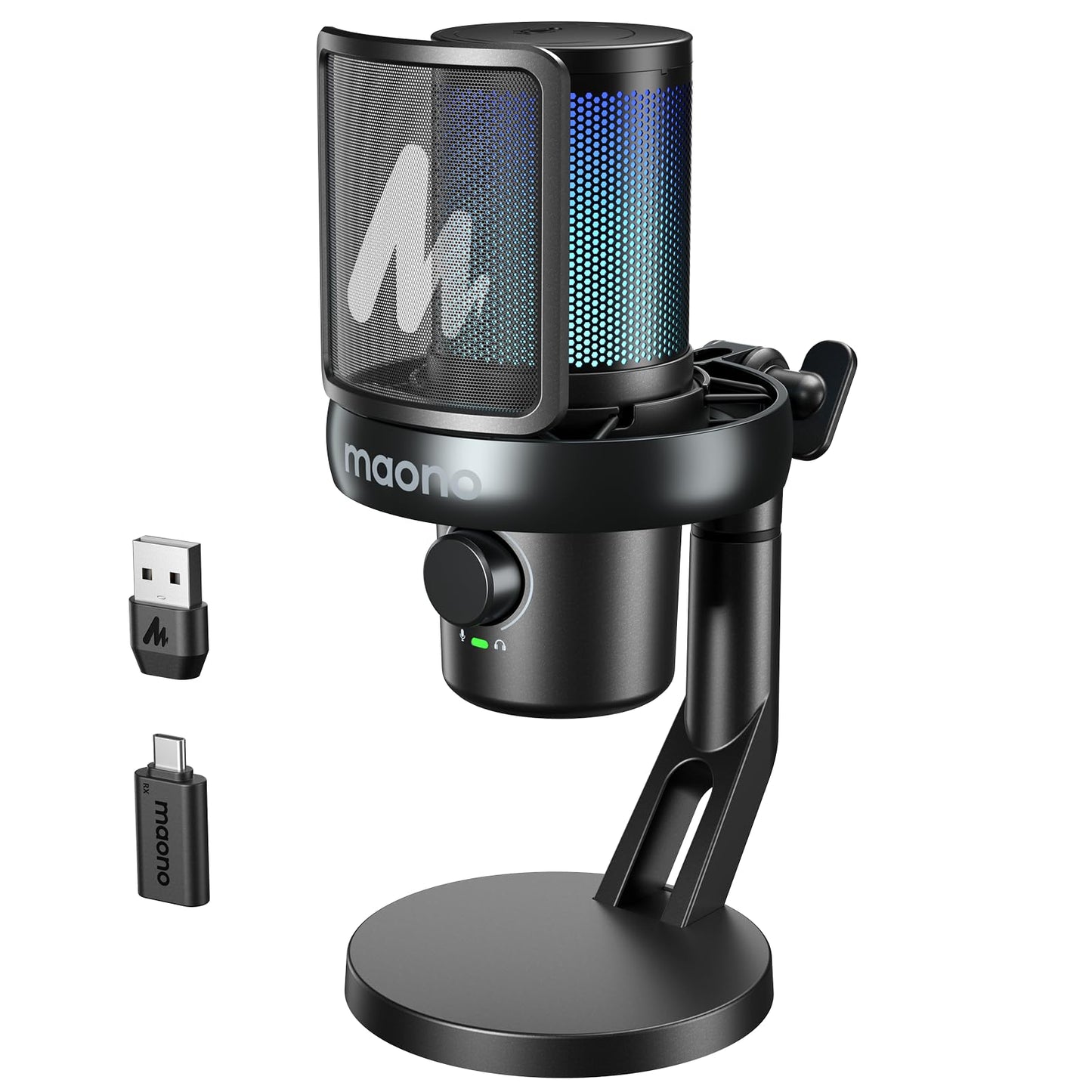 MAONO Wireless Gaming Microphone for PC, Condenser USB Mic with Software AI Voice Change, Noise Cancellation, Custom RGB Lights, Mute,Monitor,Gain Mic for Streaming Recording Podcast DM40 Pro Black