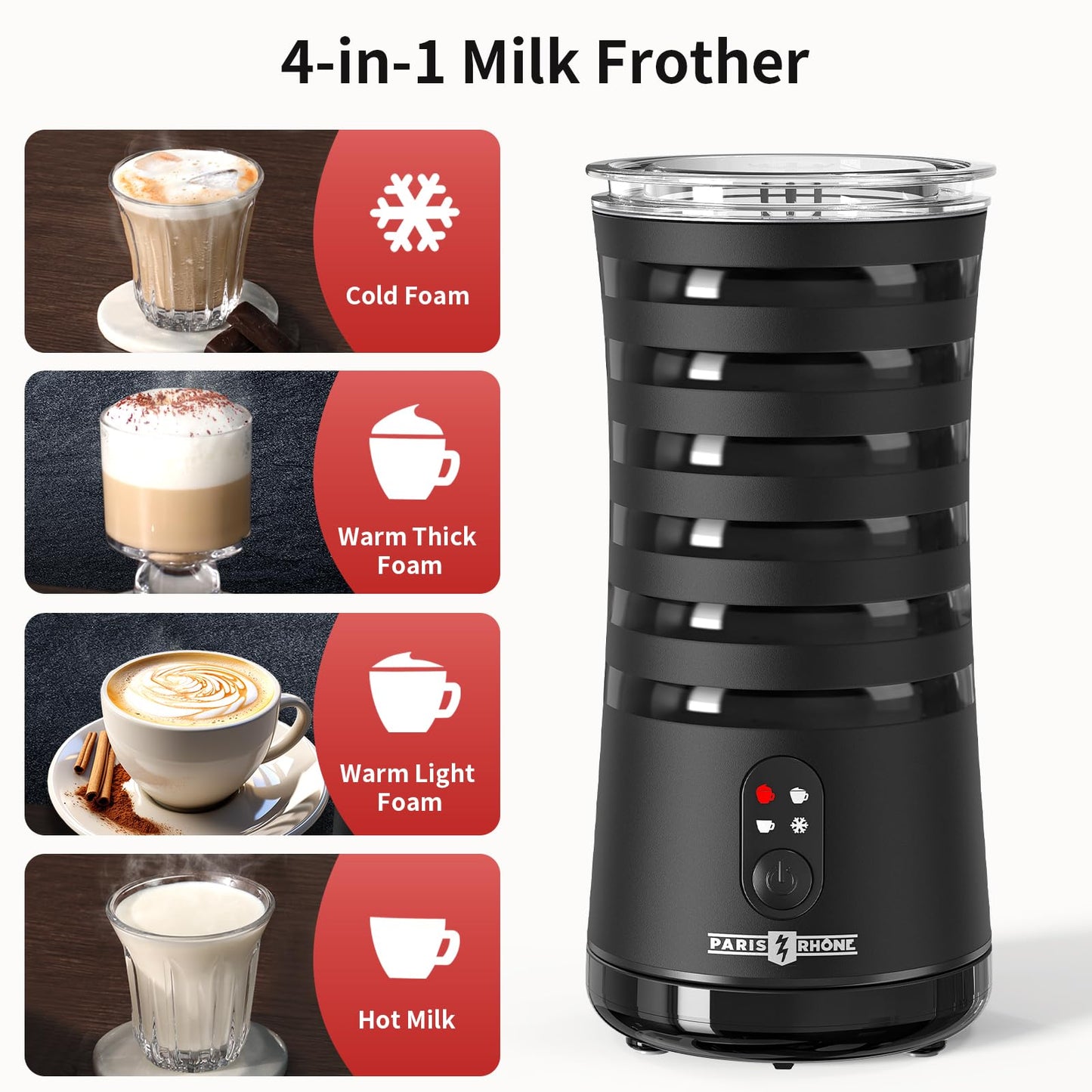 Paris Rhône Milk Frother, 4-in-1 Milk Steamer and Frother, Hot & Cold Foam Milk Warmer with Temperature Control, Auto Shut-Off Frothers for Coffee, Latte, Cappuccino, Macchiato