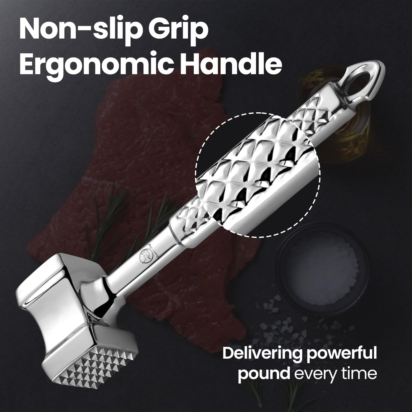 Meat Tenderizer Mallet Stainless Steel, Premium Meat Hammer Tenderizer, Kitchen Mallet for Chicken, Conch, Veal Cutlets & Beef, Steak Pounder Flattener, Non-Slip Grip with 5 years Warranty