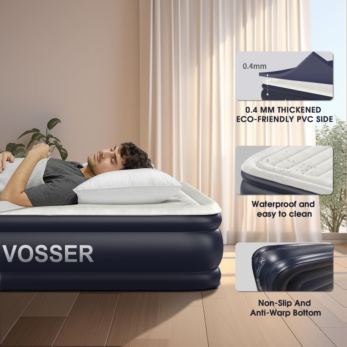 VOSSER Air Mattress Queen with Built in Pump,18'' Inflatable Mattress of Vertical Beams,Self Inflatable/Deflation Blow Up Mattress in 3 Mins,Flocked Top Airbed with Carry Bag for Home, Camping