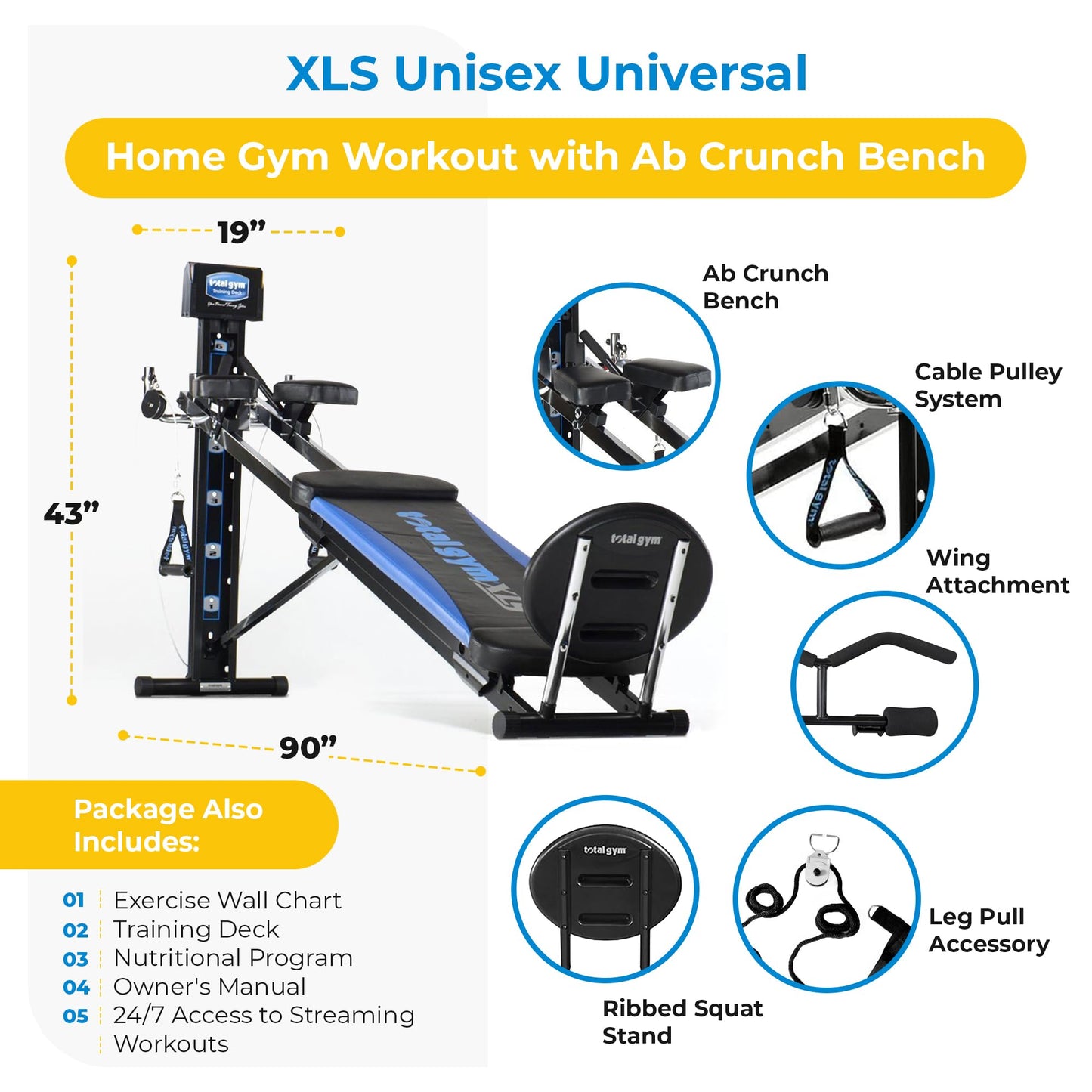 Total Gym Home Gym Workout Machine Equipment Set w/ Squat Stand, Leg Pull, & 2 Ankle Cuffs