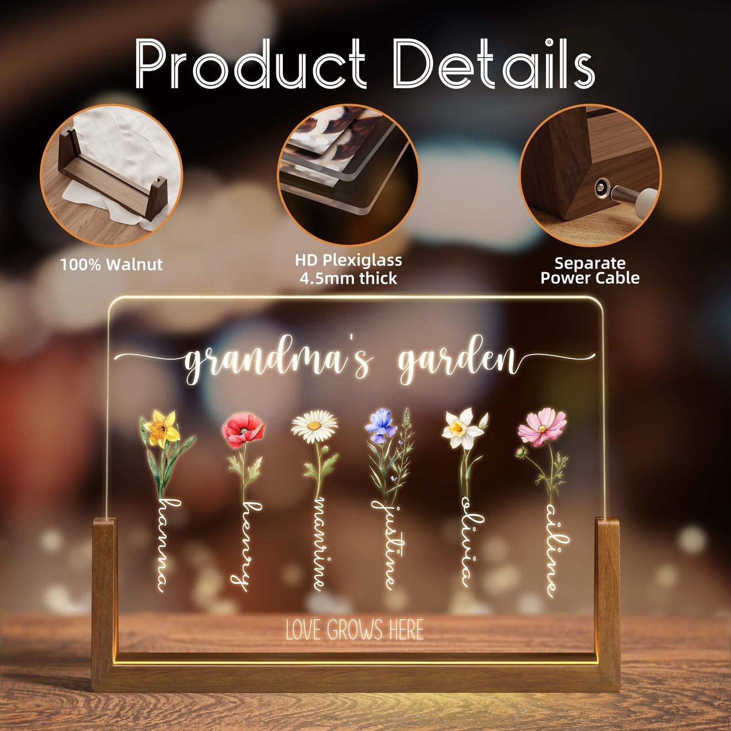 LUCKOR Mothers Day Gifts for Mom, Grandma, Custom Mom Gifts for Mothers Day from Daughter Son Kids, Customized Birth Month Flower with Names, Personalized Grandma Birthday Gifts