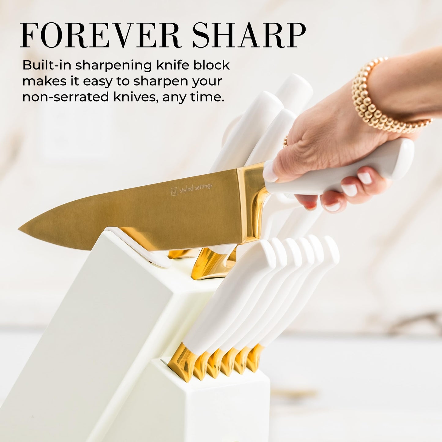 Gold Knife Set with Block Self-Sharpening – 14-Piece Titanium Coated Gold and Off-White Kitchen Knives with White Block and Built-In Sharpener – Stylish Luxury Kitchen Accessories and Decor
