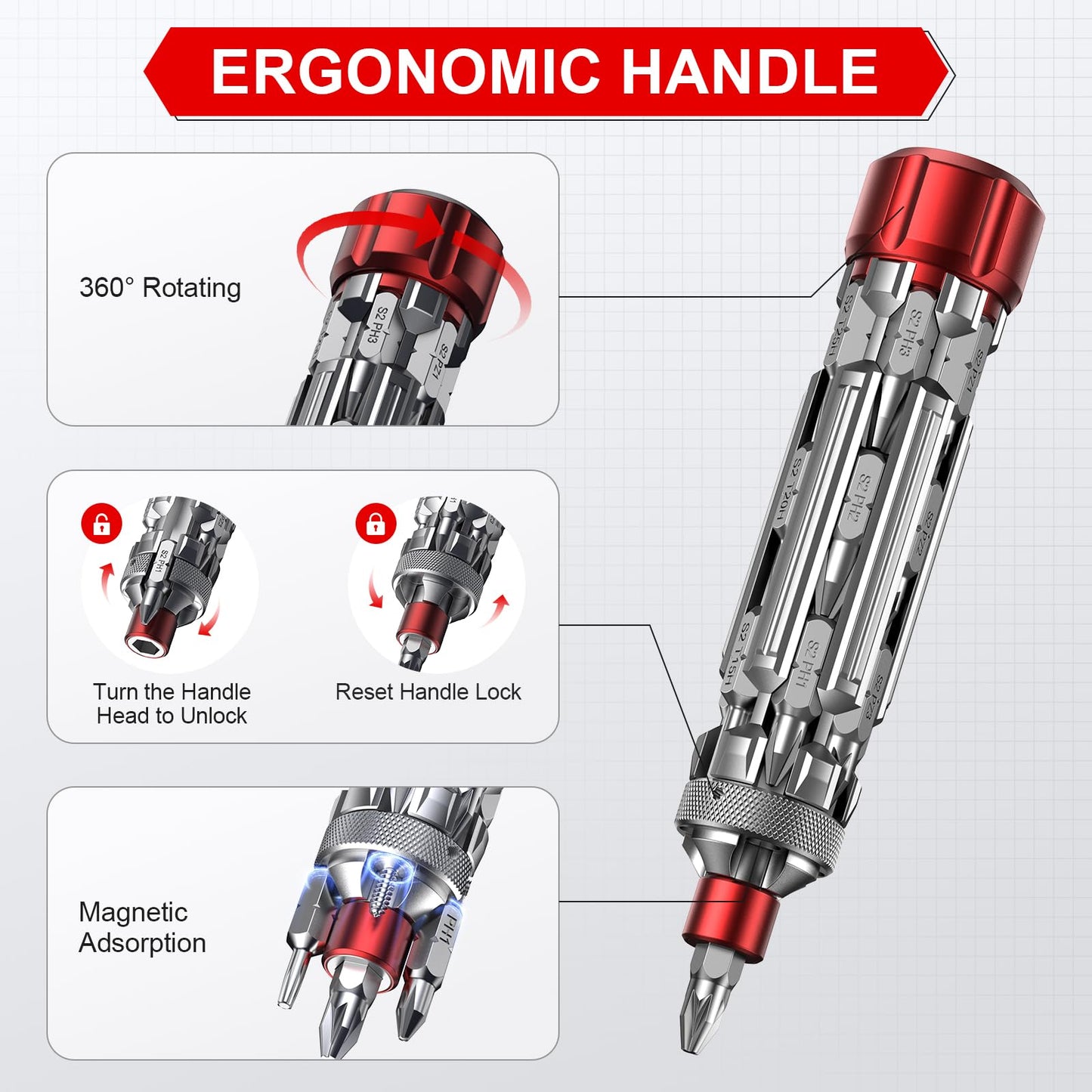 JOREST 19 in 1 EDC Multi-bit Screwdriver Set with Extension Bar, Cool Tool Gifts for Men Dad Him, Magnetic Torque Screwdriver with Torx Nut Slotted, Pocket Repair Tool Kit for Bike, Snowboard, Silver