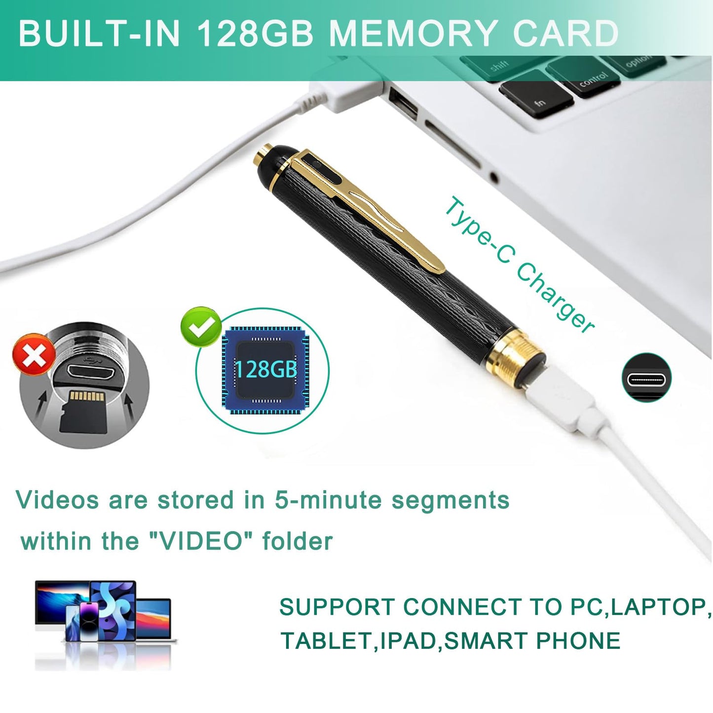 QETATIY 128G Hidden Camera, 1080P Spy Camera Pen, Nanny Cam, Mini Body Camera with 300 Minutes Video Loop Recording, Secret Camera-One Button Wireless Security Cameras for Home