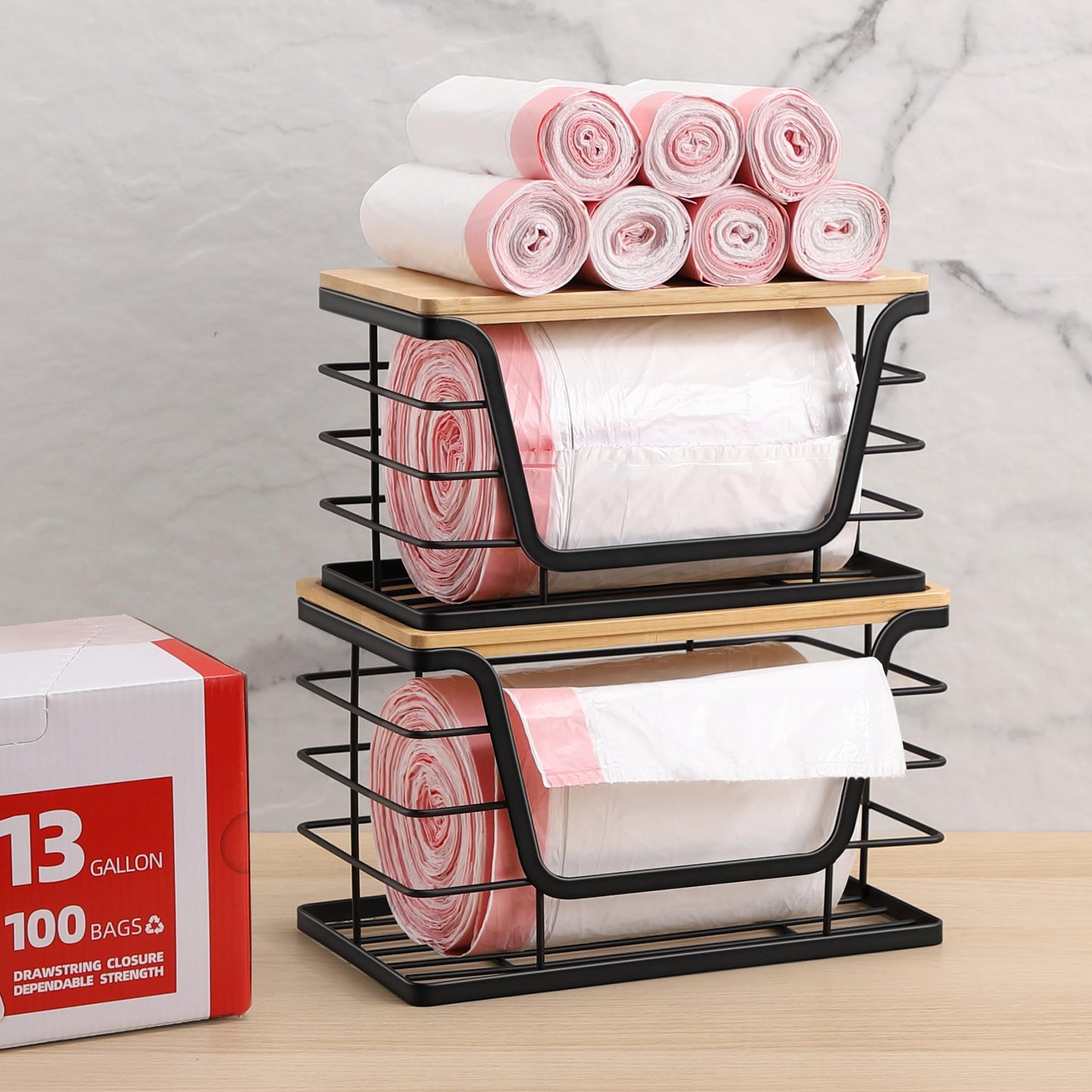 ALOCEO 2 Pack Storage Stackable Kitchen Laundry Organizers with Bamboo Top, Wall Mount Large Trash Bag Holder and Standard Garbage Bag Dispenser