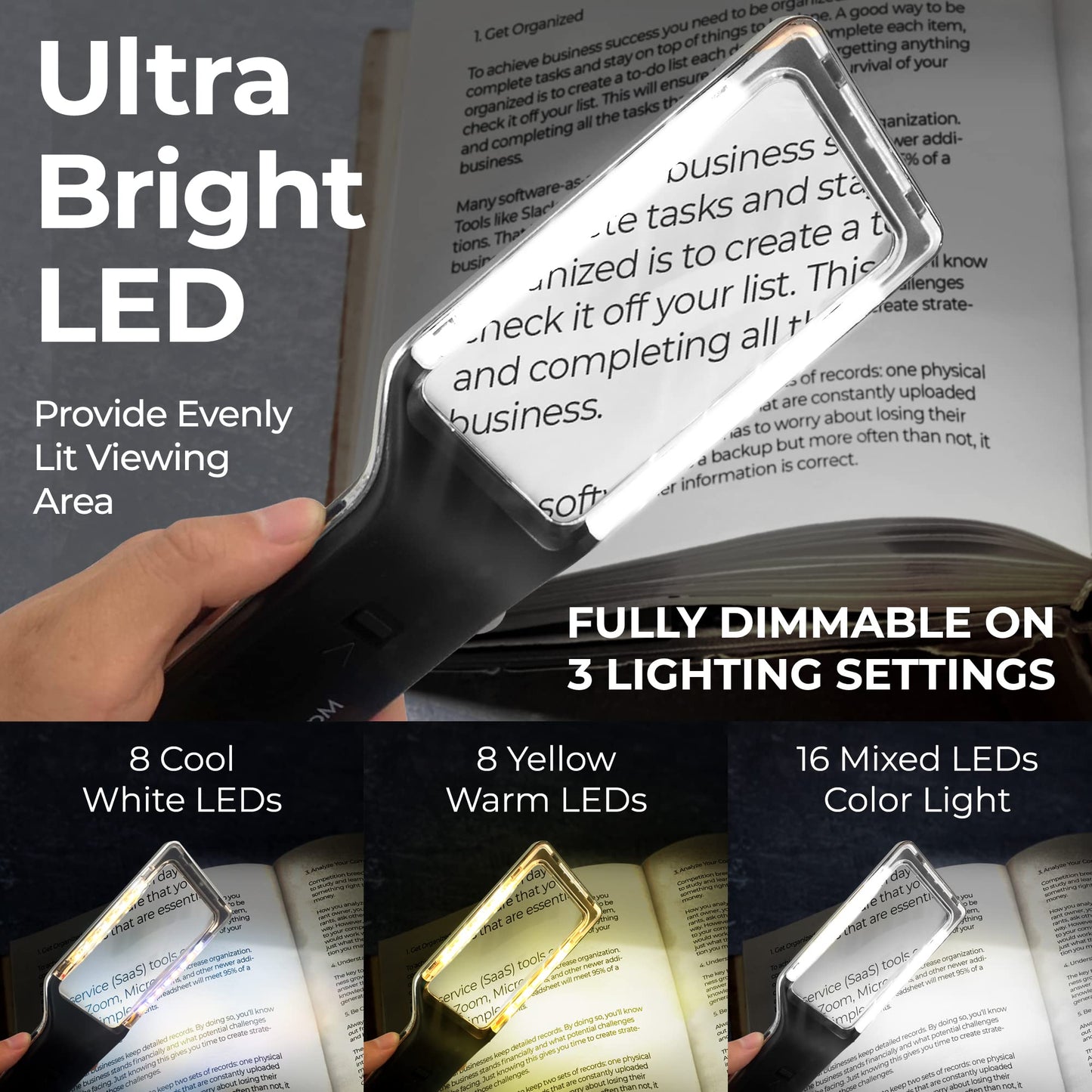 MagniPros Patented 6X Rechargeable Magnifying Glass with 3 Color Light Modes & Anti-Glare Lens - Relieve Eye Strain | Perfect for Low Vision Seniors, Macular Degeneration & Fine Print