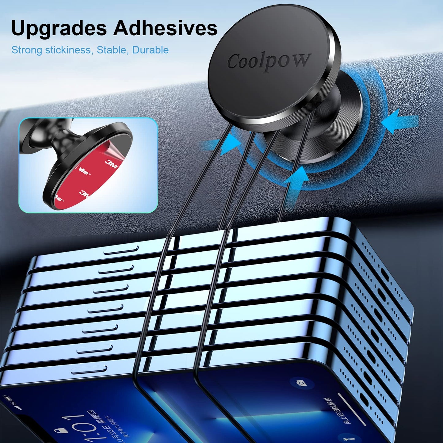 Coolpow 【2-Pack】 Magnetic Phone Holder for Car Phone Holder Mount【Strong Magnet】 Phone Mount for Car Mount for iPhone Magnetic Car Phone Holder【4 Plate】 Cell Phone Holders for Your Car Accessories