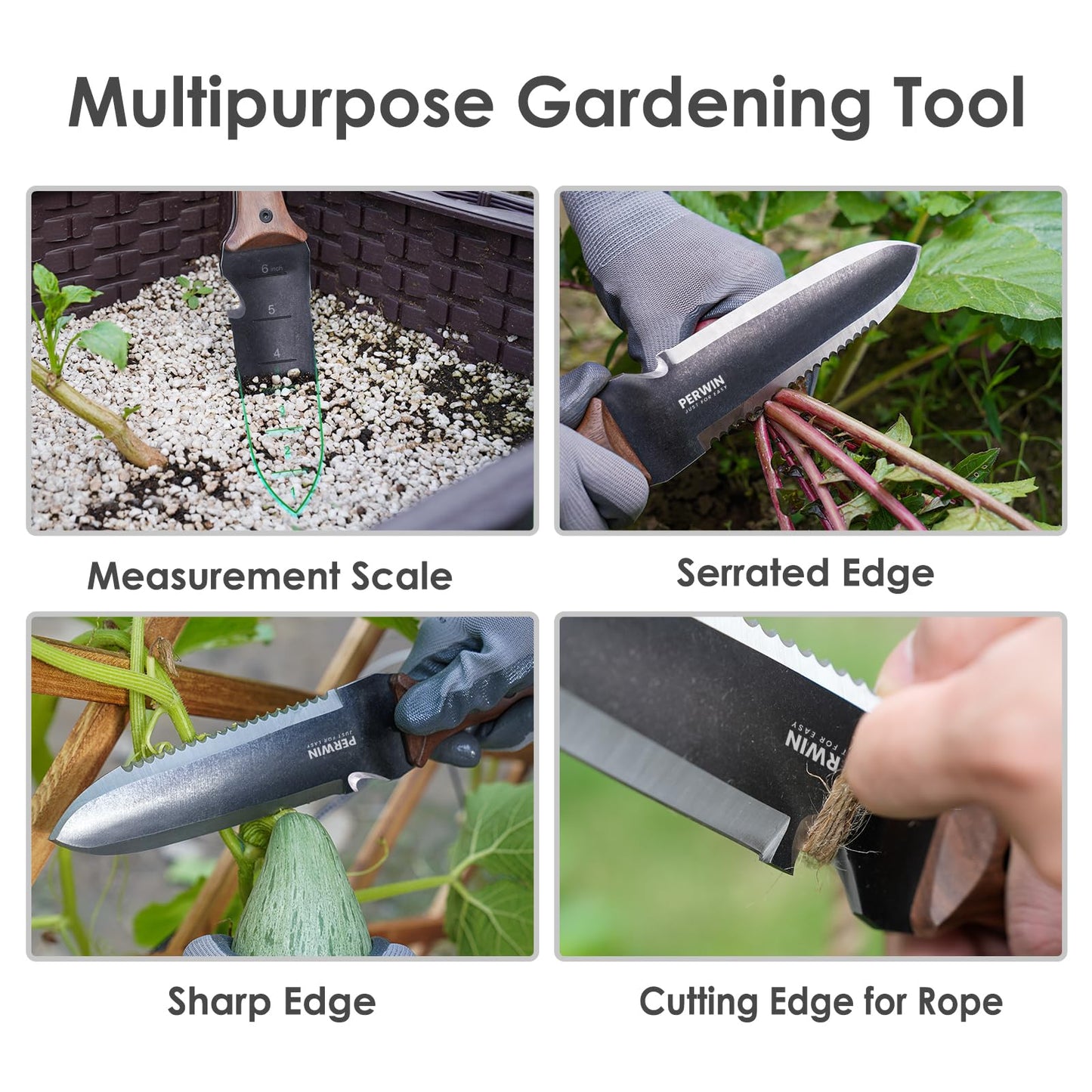PERWIN Hori Hori Garden Knife, Garden Tools with Sheath for Weeding,Planting,Digging, 7" Stainless Steel Blade with Cutting Edge, Full-Tang Wood Handle with Hanging Hole