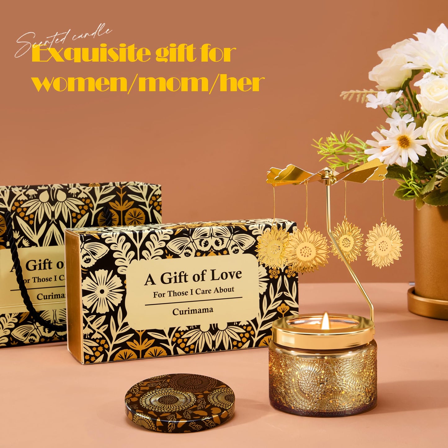 Mothers Day Gifts for Mom, Sunflowers Candle Gift for Women, Funny Birthday Gifts for Mom, Grandma, Rotating Scented Candles Gift for Sisters Friend, Anniversary Present for Her Wife Girlfriend