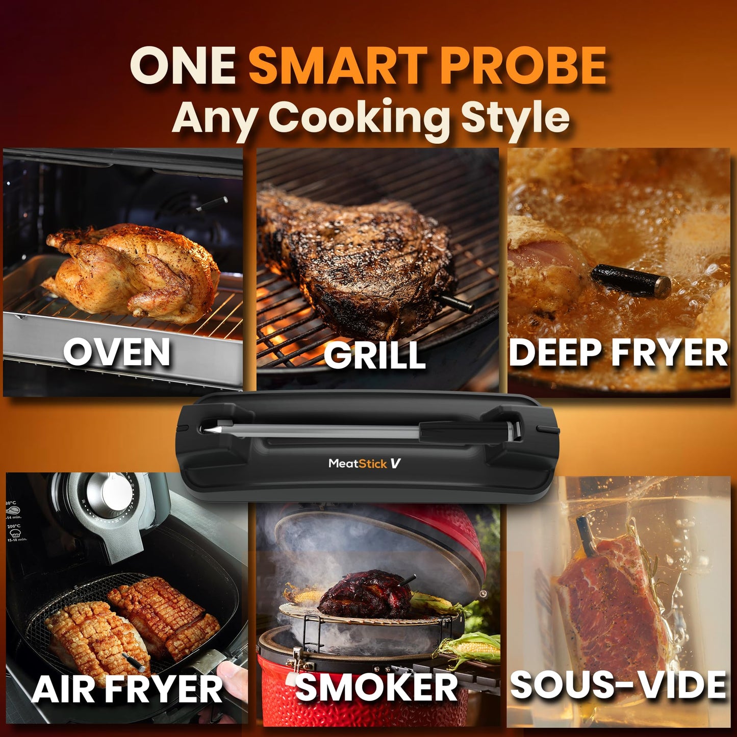MeatStick V Wireless Meat Thermometer, 1200°F Heat Resistance, Unlimited Range WiFi & Bluetooth, Smart Digital Probe for Grilling, Smoking, Sous Vide, BBQ, Air Fryer, Oven, Smoker, Kitchen Cooking