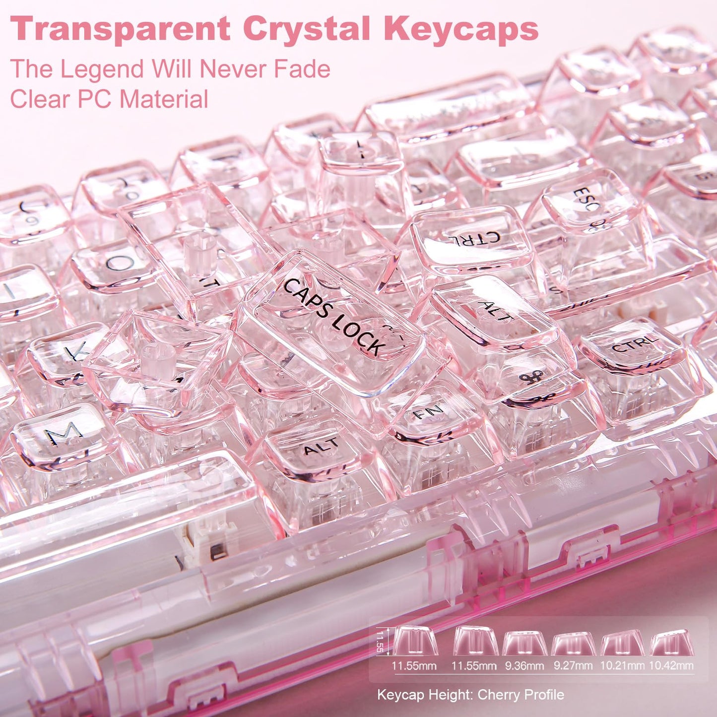 YUNZII X71 Wireless Hot Swappable Transparent Mechanical Keyboard with Clear Keycaps, 68% Layout, BT5.0/2.4G/USB-C Gasket Mount Wireless RGB Backlit for Windows/Mac(Crystal Ice Switch,Pink)