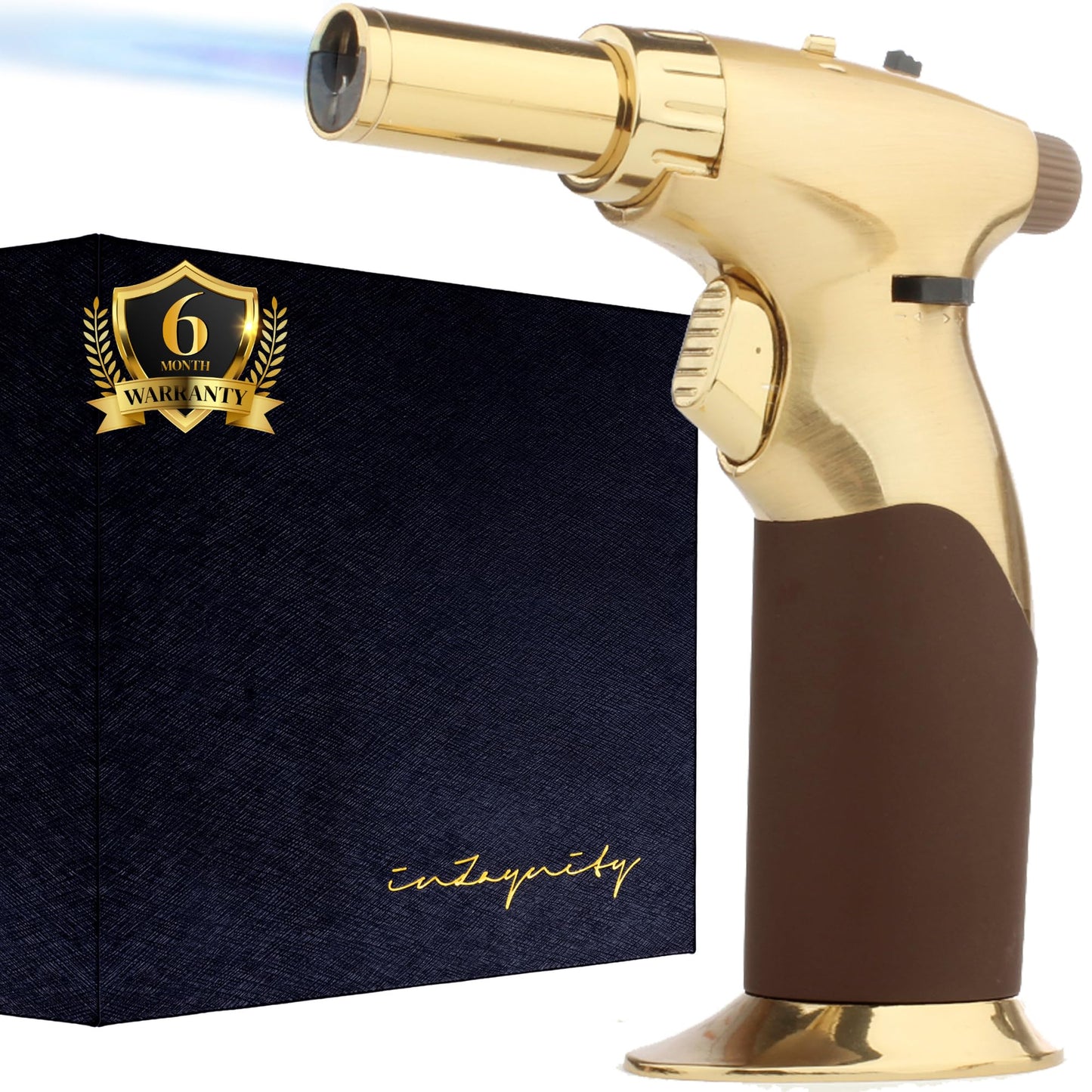 Dual Flame Butane Torch Gun - Refillable Luxury Hand Held Mini Blow Torch for Cooking, Creme Brulee, Soldering, Welding, & Resin Art - Adjustable Flame with Ignition Lock - Gold Brown by inZaynity