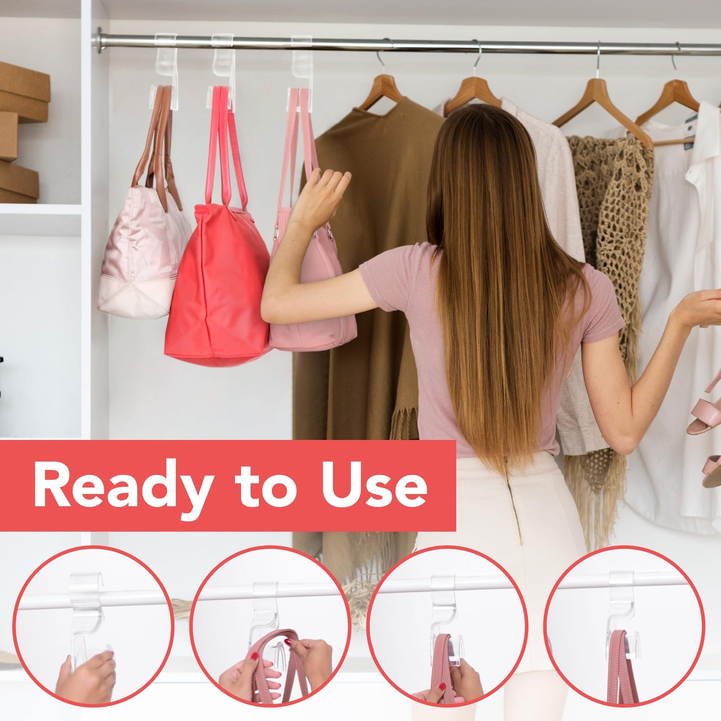 Wiosi Premium Clear Purse Hanger Closet Set of 3 - Durable Acrylic Organizers and Storage Bag Hanger for Luxury Closet - Purse Hanger Holder for Handbags, Premium Backpack Purse Hooks