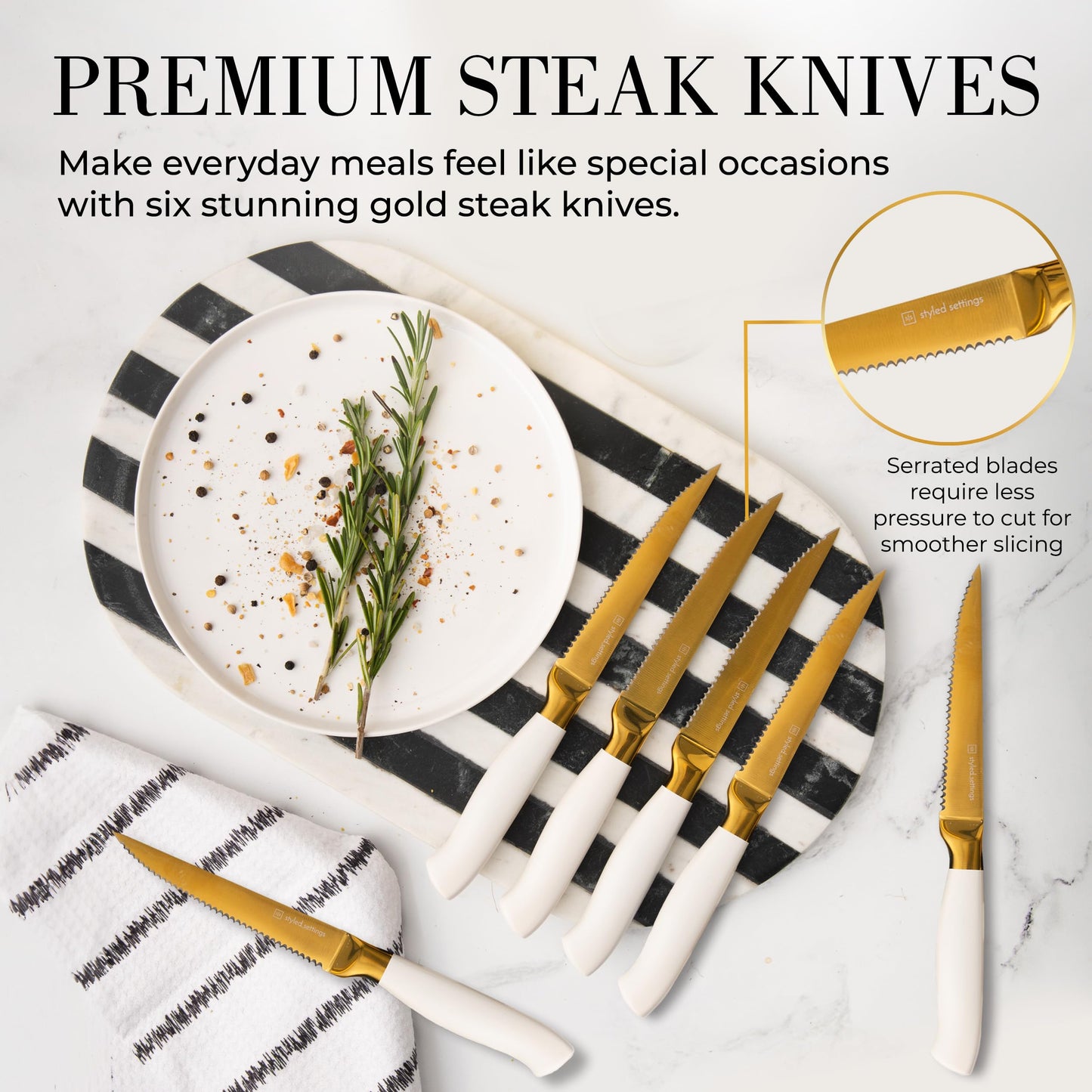 Gold Knife Set with Block Self-Sharpening – 14-Piece Titanium Coated Gold and Off-White Kitchen Knives with White Block and Built-In Sharpener – Stylish Luxury Kitchen Accessories and Decor