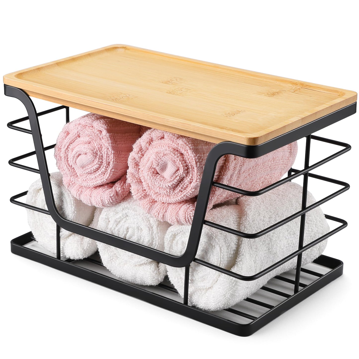 ALOCEO 2 Pack Storage Stackable Kitchen Laundry Organizers with Bamboo Top, Wall Mount Large Trash Bag Holder and Standard Garbage Bag Dispenser