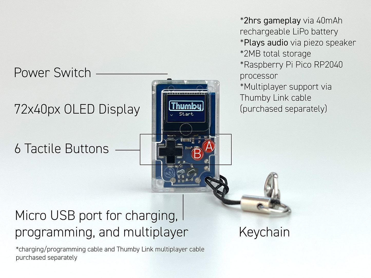 TinyCircuits Thumby (Clear), Tiny Game Console, Playable Programmable Keychain: Electronic Miniature, STEM Learning Tool