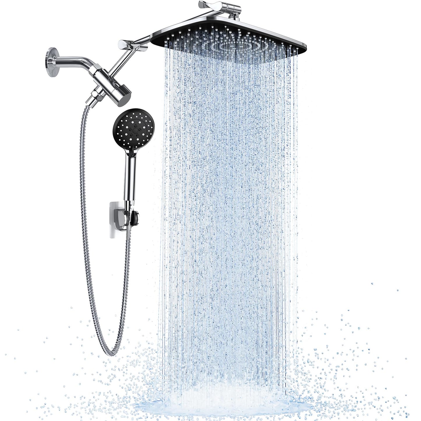 Veken Wide Rain Shower Head with 6 Modes Handheld Water Spray,High Pressure Showerhead Combo with Arm for Bathroom Accessories,Home Decor Adjustable Dual Shower with Anti-Clog Nozzles,Silver Chrome