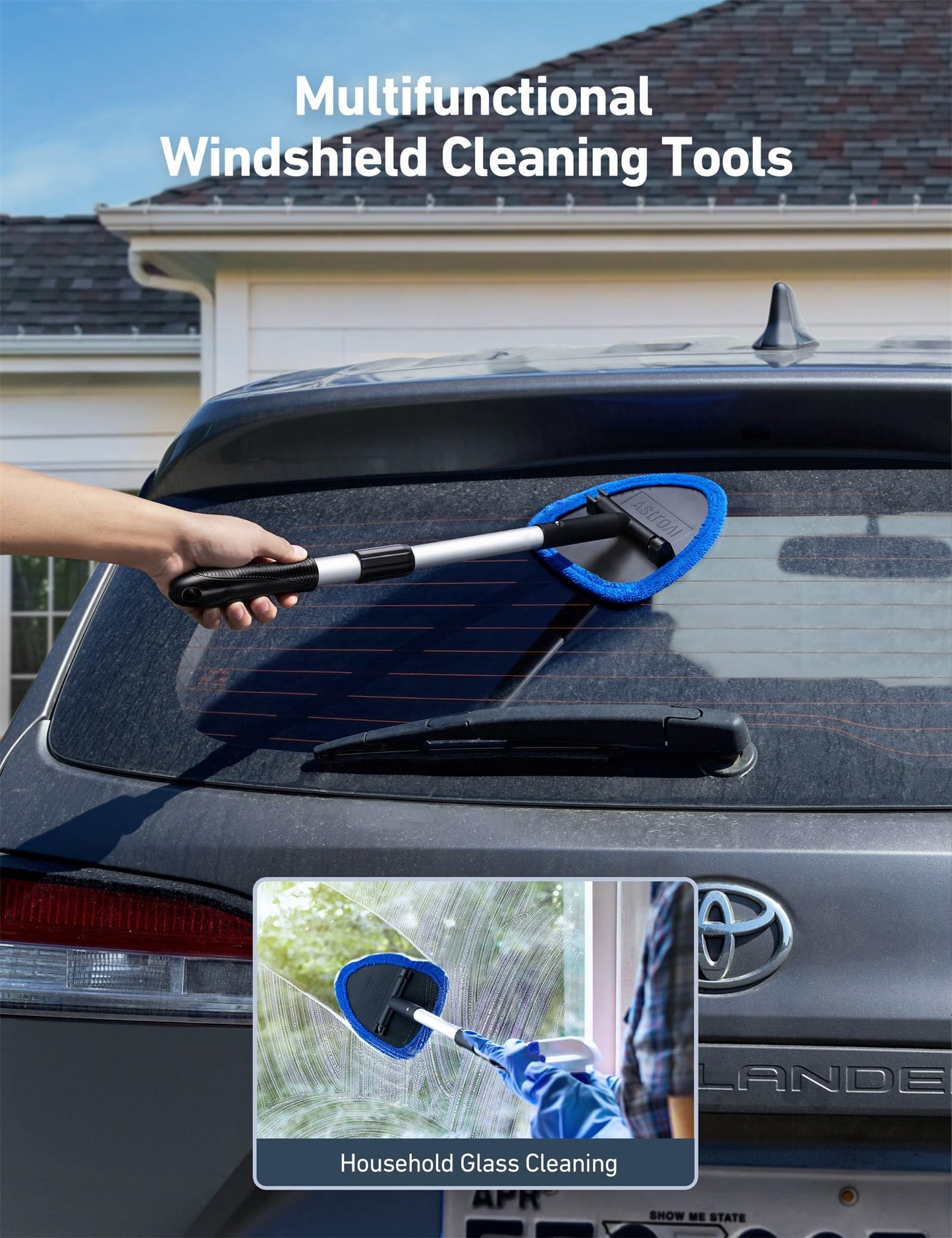 AstroAI Windshield Cleaner Tool, Car Interior Detailing Cleaning Kit with Extendable Handle and 4 Reusable Microfiber Pads, Auto Glass Wiper Brush Kit, Cars, Trucks, SUVs, Blue