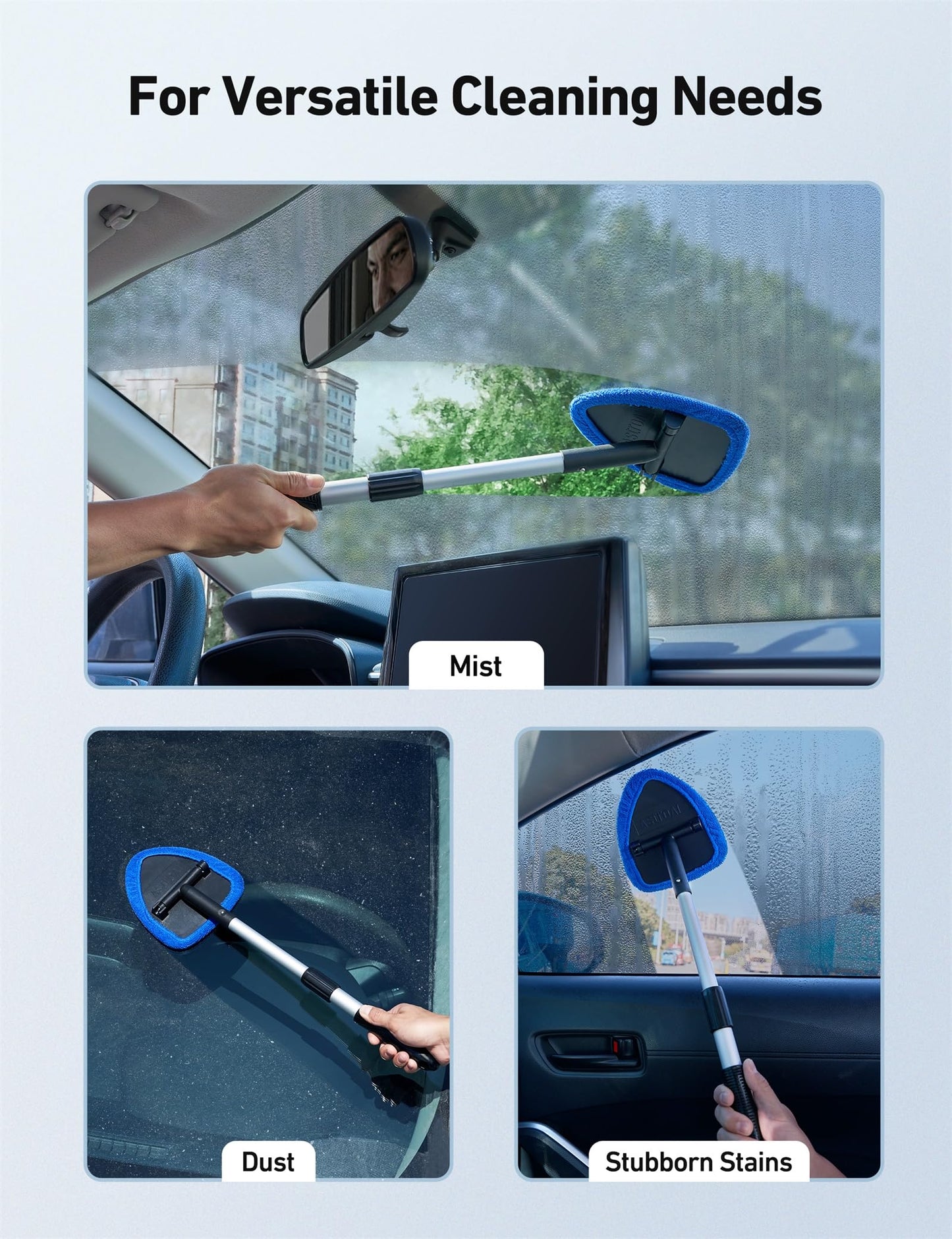 AstroAI Windshield Cleaner Tool, Car Interior Detailing Cleaning Kit with Extendable Handle and 4 Reusable Microfiber Pads, Auto Glass Wiper Brush Kit, Cars, Trucks, SUVs, Blue
