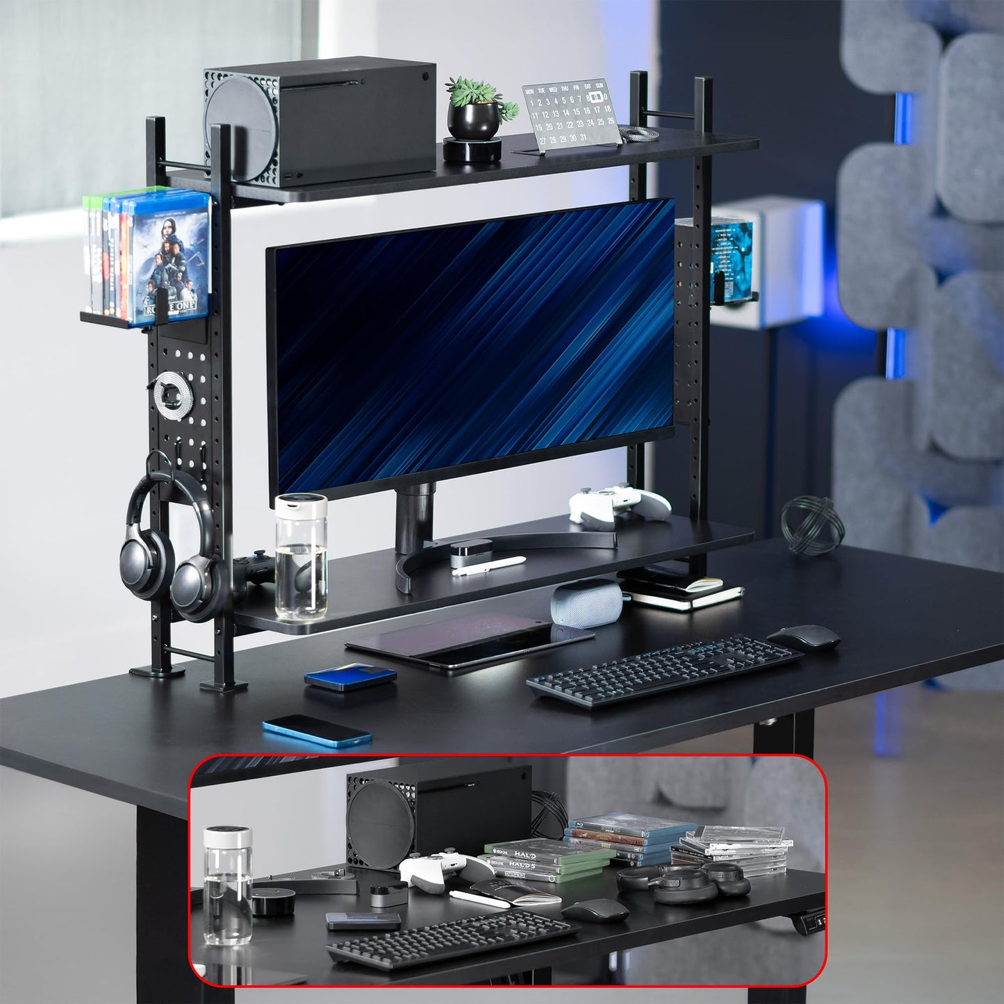 VIVO Clamp-on 40 inch 2-Tier Shelving Unit with Pegboard for Table Accessories, Gaming Devices, and More, Desktop Organizer, Black, DESK-SHELF40G