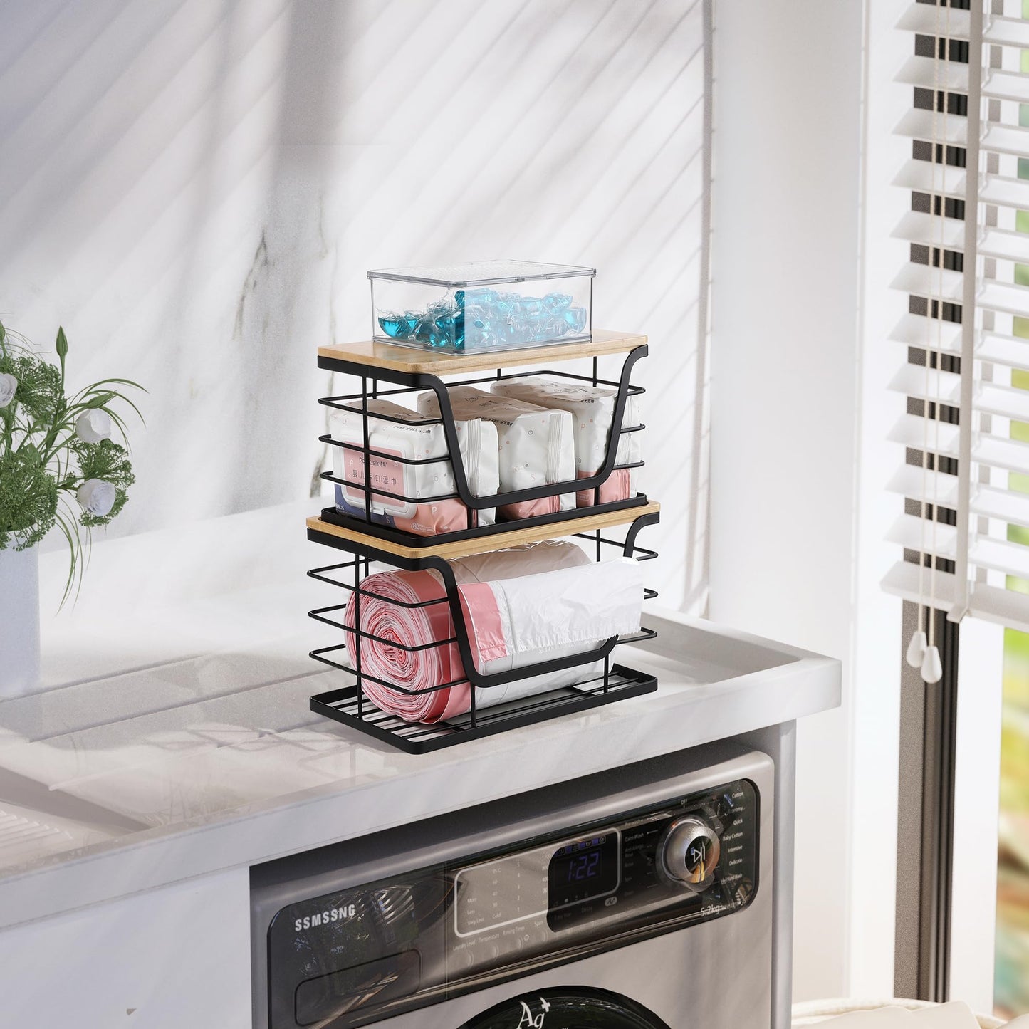 ALOCEO 2 Pack Storage Stackable Kitchen Laundry Organizers with Bamboo Top, Wall Mount Large Trash Bag Holder and Standard Garbage Bag Dispenser