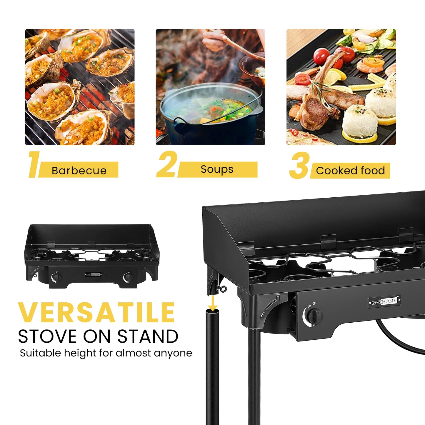 VIVOHOME 150,000 BTU Double Burner Propane Stove, Heavy-Duty Outdoor Portable Camp Stove with Windscreen & Detachable Legs for Camping, Backyard, BBQ Cookouts
