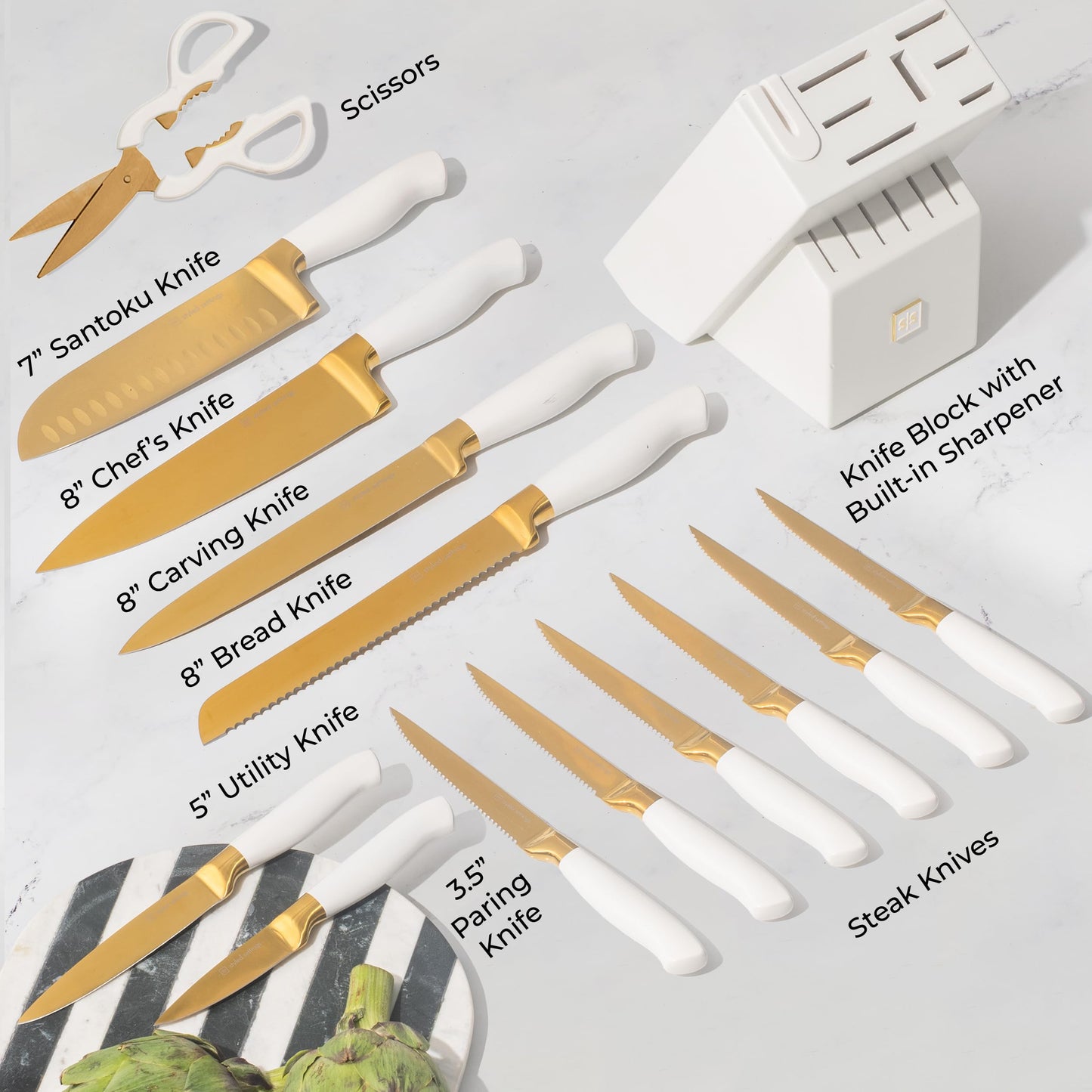 Gold Knife Set with Block Self-Sharpening – 14-Piece Titanium Coated Gold and Off-White Kitchen Knives with White Block and Built-In Sharpener – Stylish Luxury Kitchen Accessories and Decor