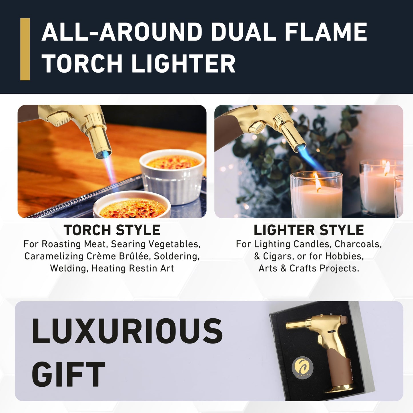 Dual Flame Butane Torch Gun - Refillable Luxury Hand Held Mini Blow Torch for Cooking, Creme Brulee, Soldering, Welding, & Resin Art - Adjustable Flame with Ignition Lock - Gold Brown by inZaynity