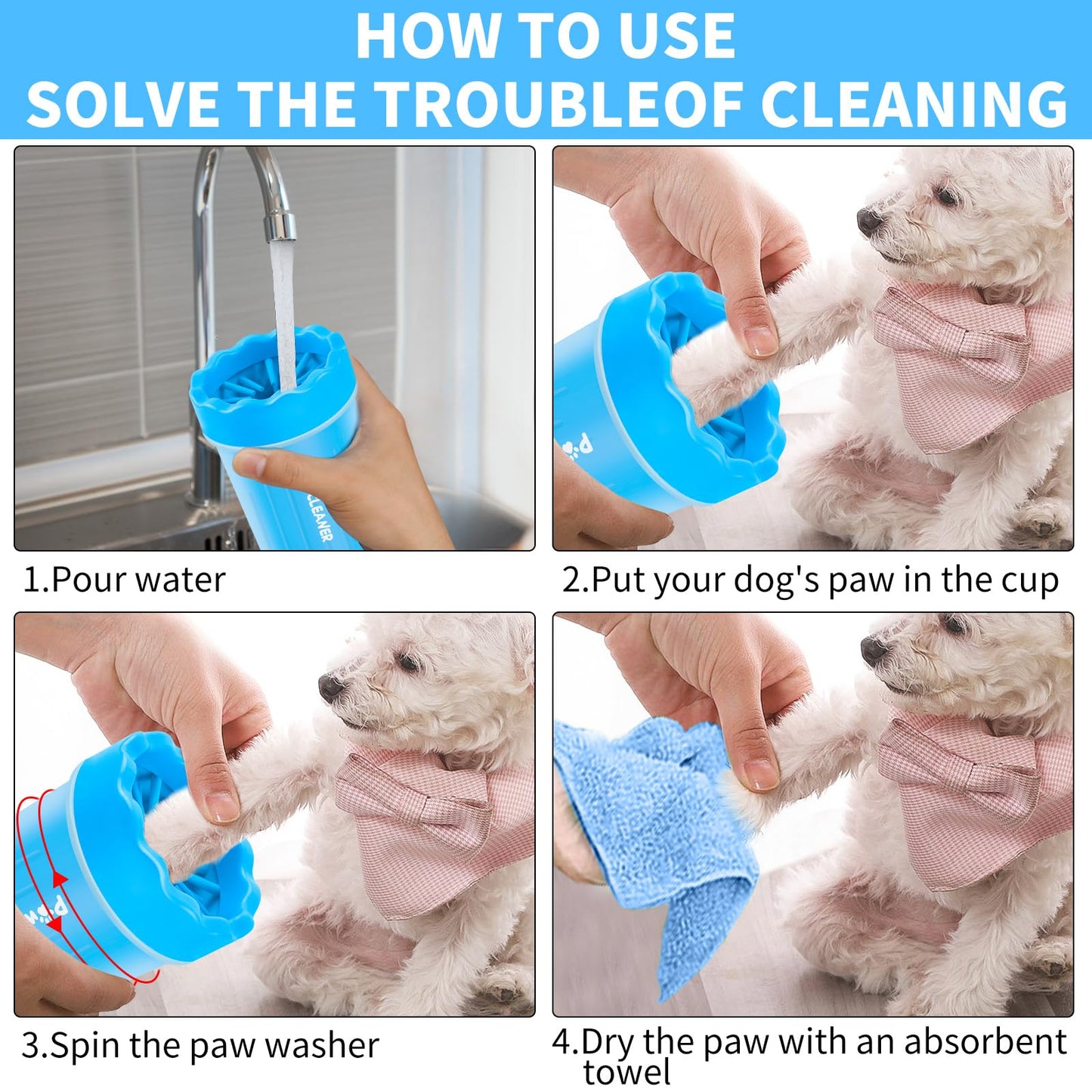 Comotech Dog Paw Cleaner, Portable Dog Paw Washer with 3 Absorbent Towels, Pet Cleaning Silicone Brush for Small Breed Dogs(Blue)