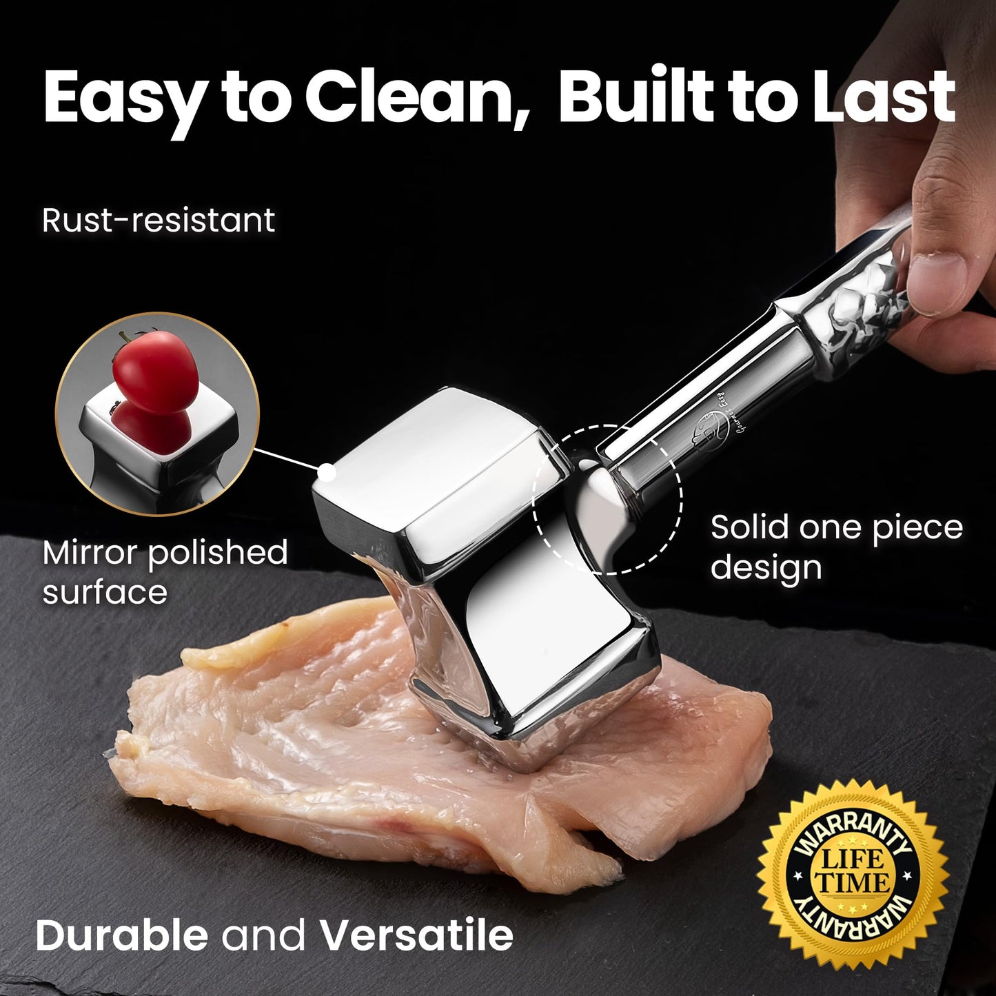 Meat Tenderizer Mallet Stainless Steel, Premium Meat Hammer Tenderizer, Kitchen Mallet for Chicken, Conch, Veal Cutlets & Beef, Steak Pounder Flattener, Non-Slip Grip with 5 years Warranty