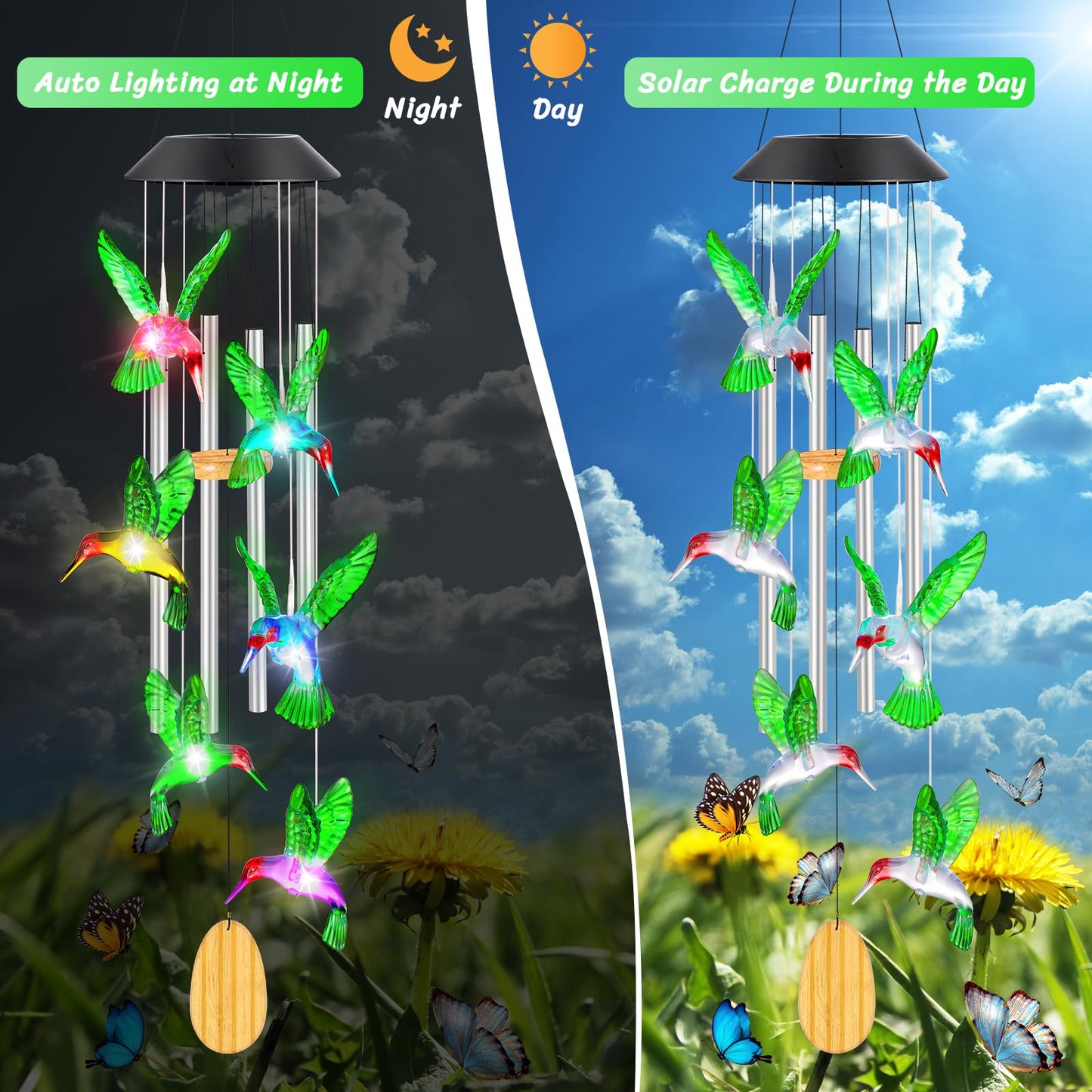 Mothers Day Wind Chimes Gifts for Mom Birthday Gifts for Women Mother‘s Day Gift for Grandma Wife Sister Gift Hummingbird Wind Chimes Solar Lights for Outside Garden Outdoor House Patio Décor