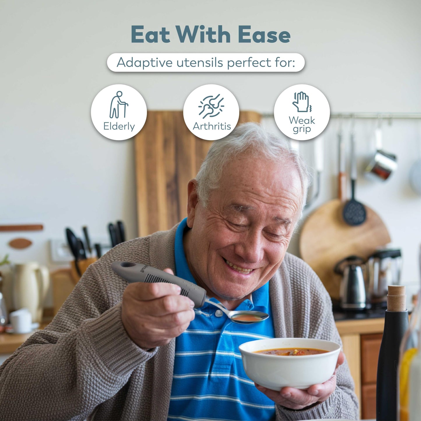 BUNMO Utensils for Elderly, Arthritis, Weak Hand Grip, Tremors & Handicapped - Convenient Travel Pouch - 2.6oz Lightweight - Stainless Steel - Eat Independently - Adaptive Gray 4 Piece Set