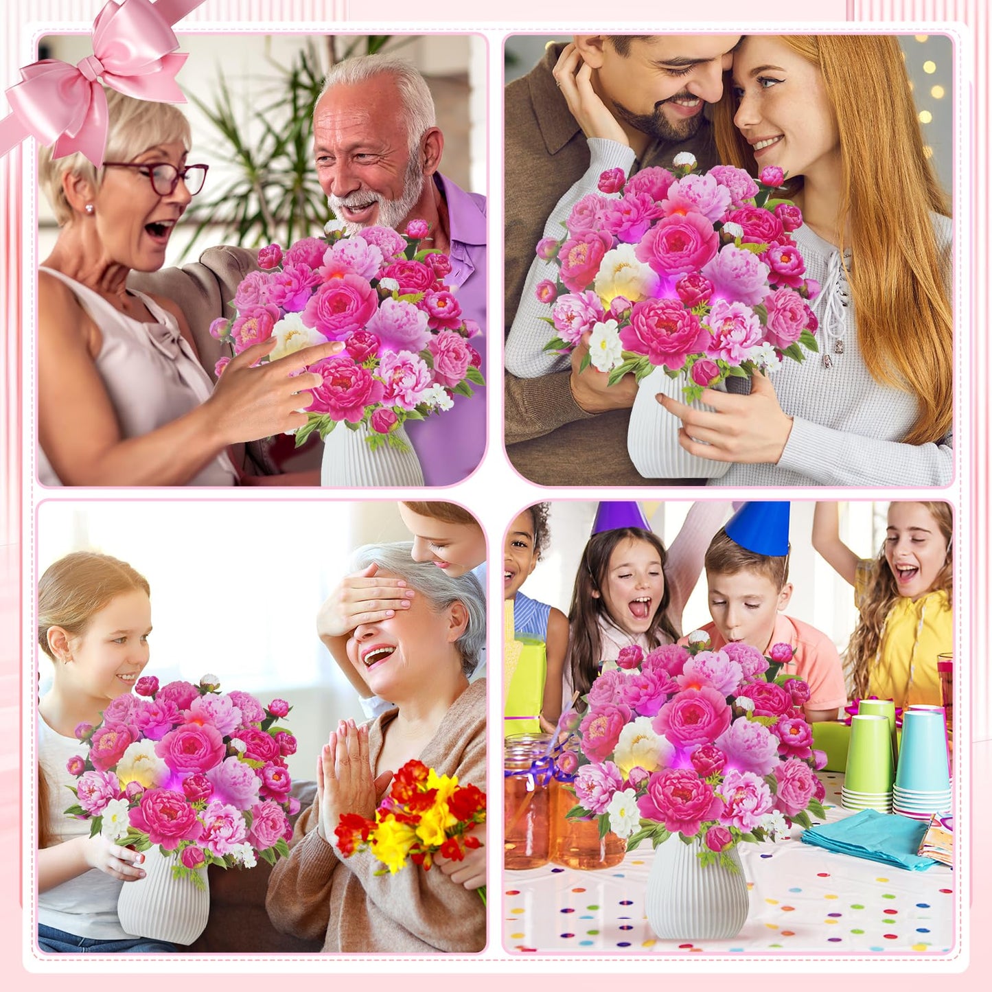 MZD8391 Mothers Day Card, Pop Up Birthday Cards with MUSIC & LIGHTS, Pink Penoy, 12 Inch Life Sized Forever Flower Bouquet Mother's Day Gifts for Women Mom Grandma