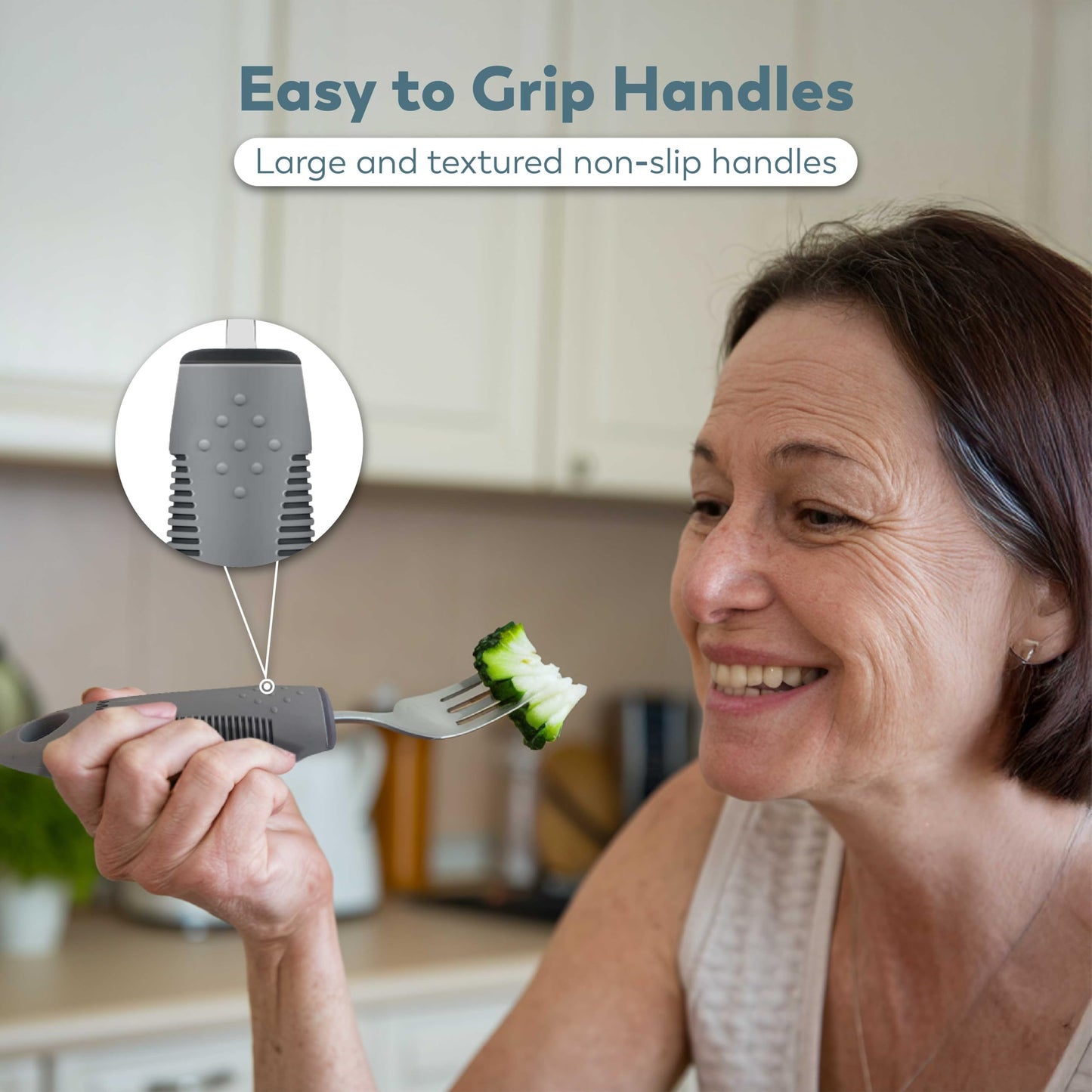 BUNMO Utensils for Elderly, Arthritis, Weak Hand Grip, Tremors & Handicapped - Convenient Travel Pouch - 2.6oz Lightweight - Stainless Steel - Eat Independently - Adaptive Gray 4 Piece Set