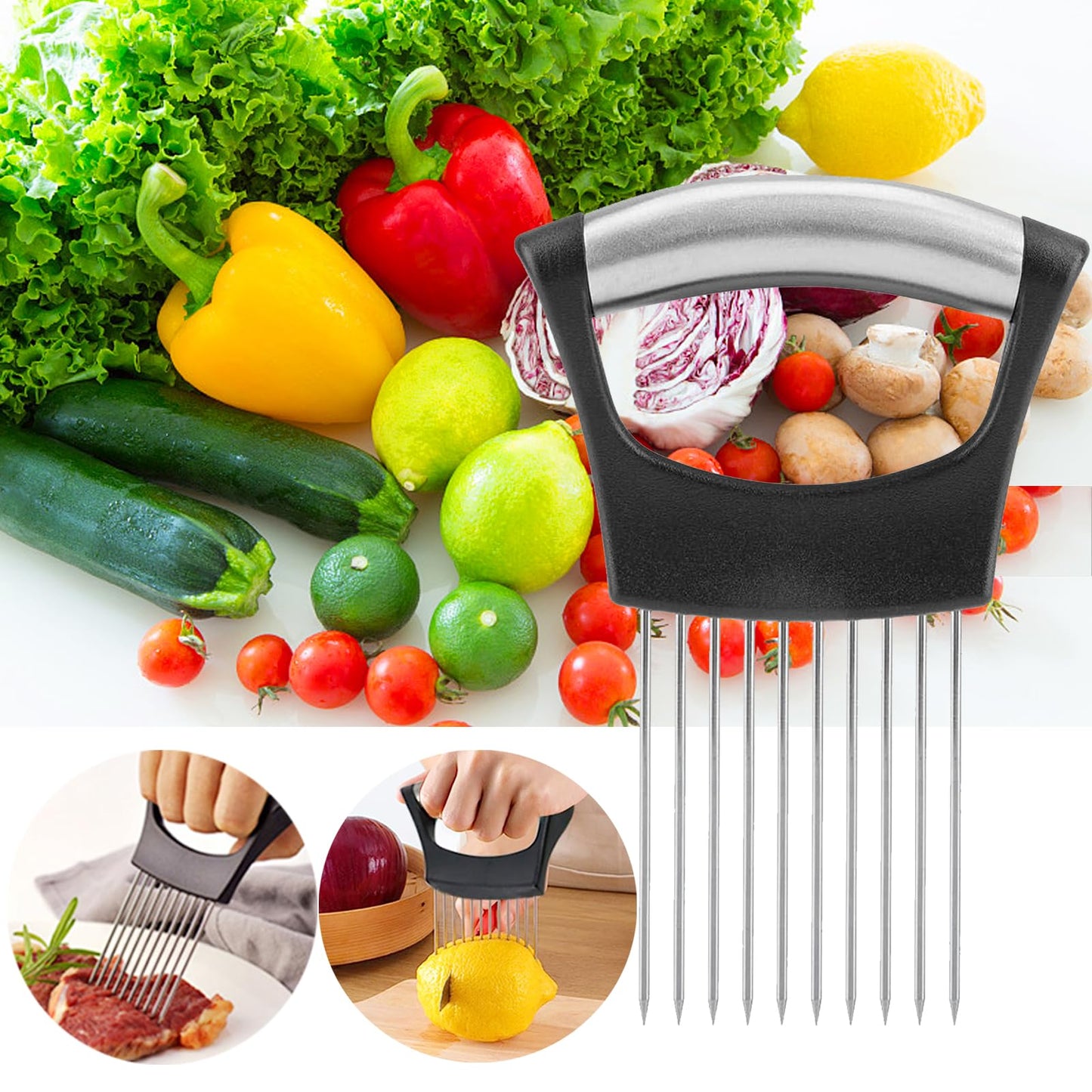 JAYVAR Onion Holder for Slicing, Onion Cutter Vegetable Chopper, Stainless Steel Tomato Slicer Vegetable Cutter for Potato, Avocados, Eggs, Food Slicer Assistant Tool for Fruit Lemon and Meat