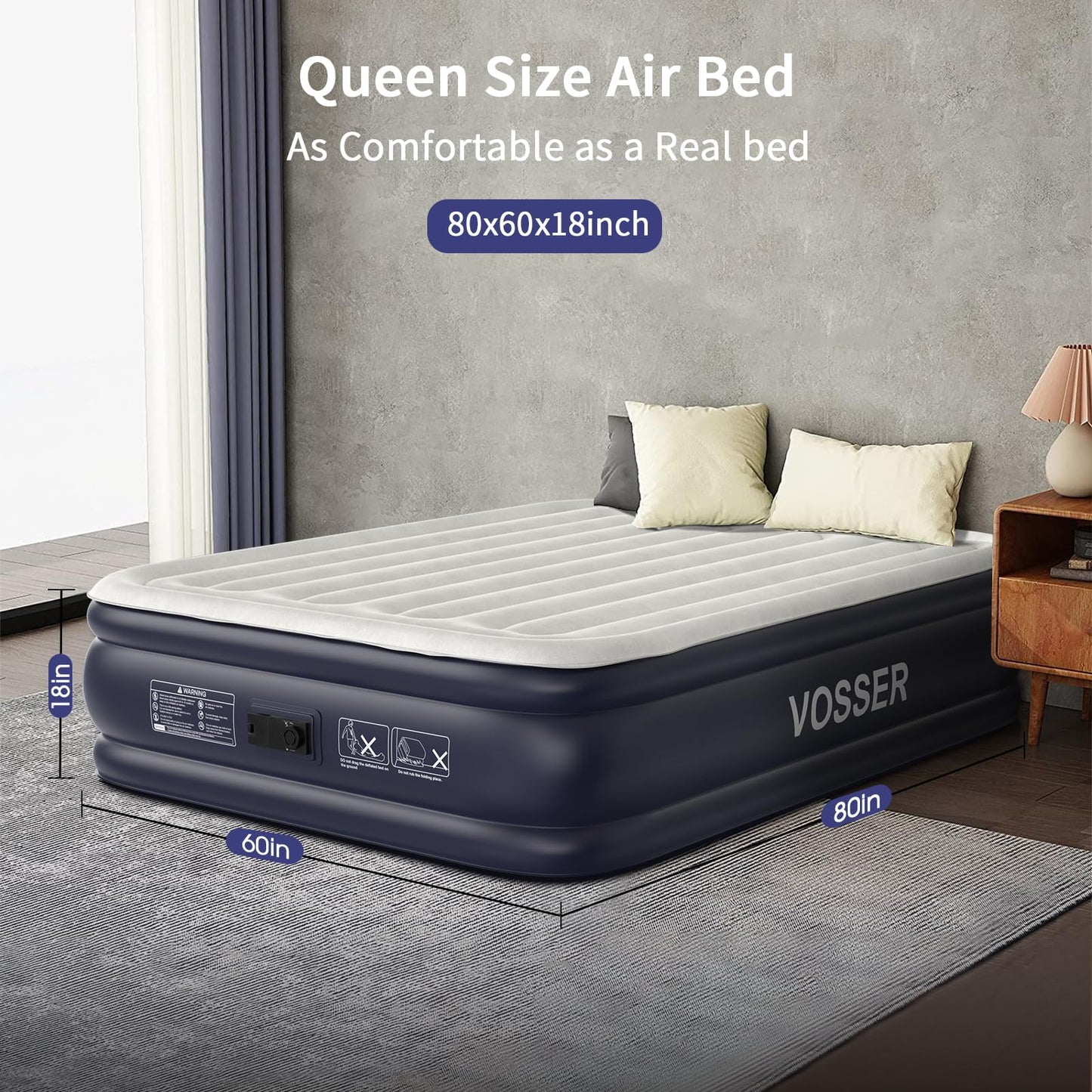 VOSSER Air Mattress Queen with Built in Pump,18'' Inflatable Mattress of Vertical Beams,Self Inflatable/Deflation Blow Up Mattress in 3 Mins,Flocked Top Airbed with Carry Bag for Home, Camping