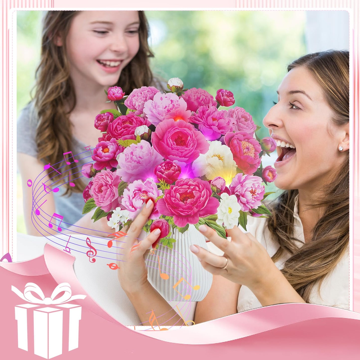 MZD8391 Mothers Day Card, Pop Up Birthday Cards with MUSIC & LIGHTS, Pink Penoy, 12 Inch Life Sized Forever Flower Bouquet Mother's Day Gifts for Women Mom Grandma