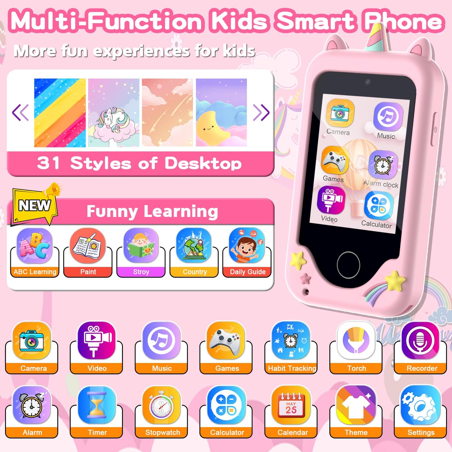 Kids Phone for Girls Boys, Touchscreen Toddler Smartphone Learning Toy, 3-10 Year Old Christmas Birthday Gift, Play Cell Phone With Camera, Games, Music, 8GB Card